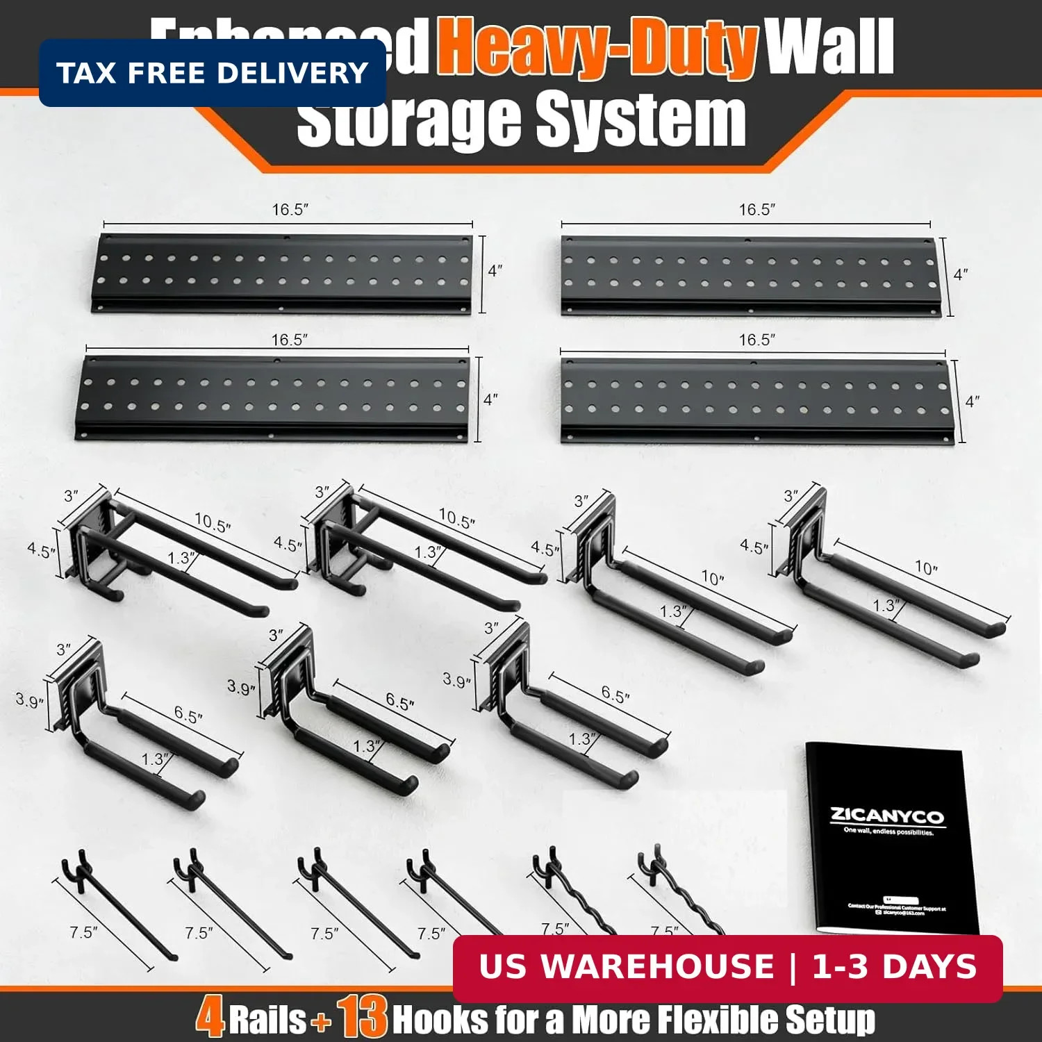 Garage Tool Organizer Wall Mount 66 inches with 13 Adjustable Heavy-Duty Hooks,