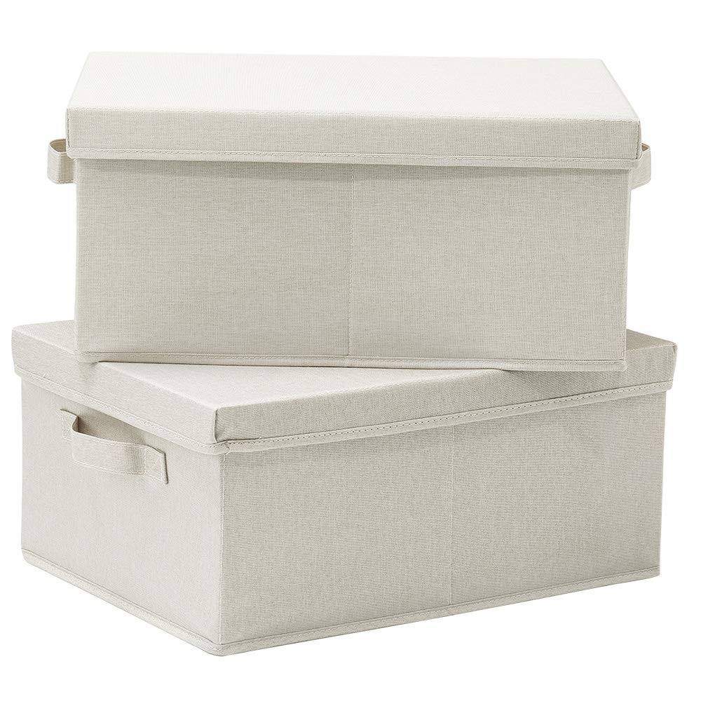 Foldable Storage Bin Lid Cardboard Boxes Carrying Handle Beige 16.5×11.8 In 2 Pk