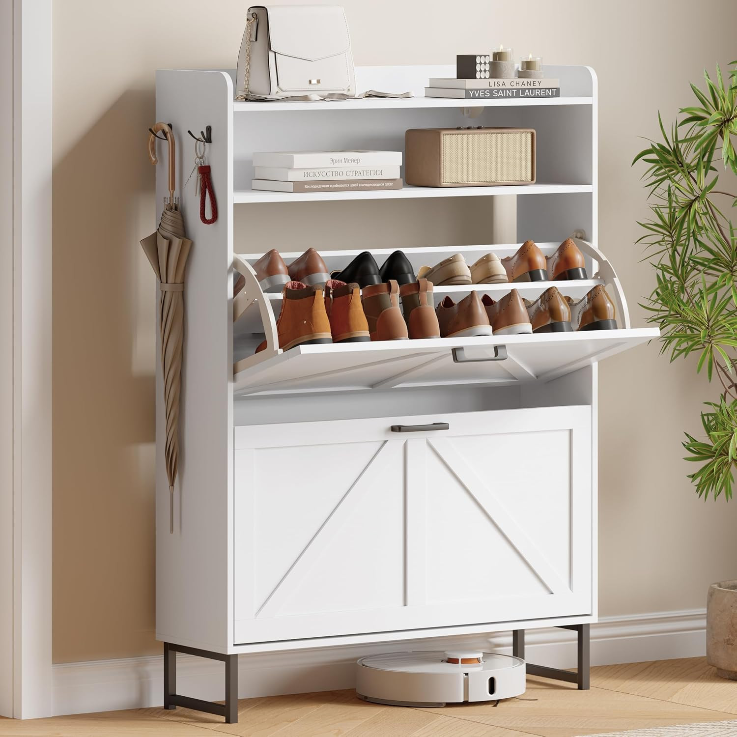 Shoe Cabinet with 2 Flip Drawers, Freestanding Hidden Shoe Storage Organizer for