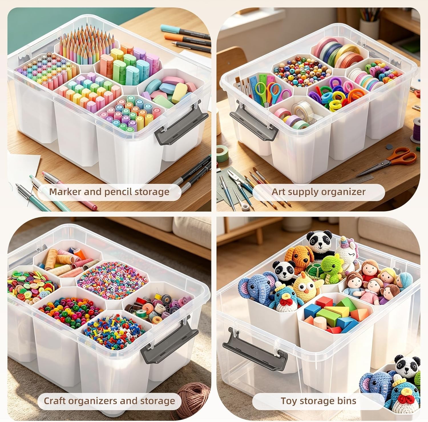Multipurpose 17 QT Clear Storage Bin with Detachable Inserts & Lift-Off Lid