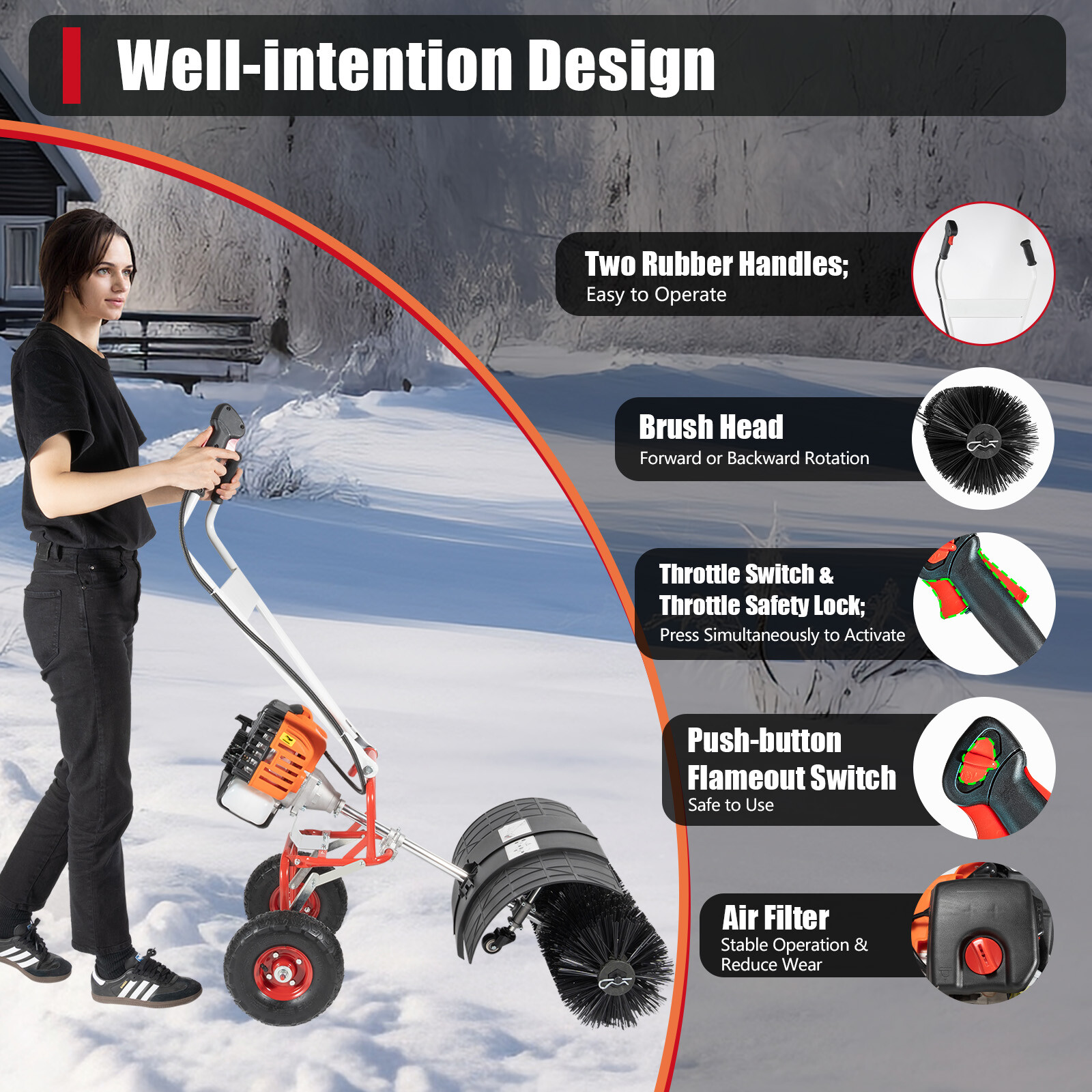Walk Behind 52cc Power Broom Snow Driveway Sweeper Cleaner Artificial Grass ~