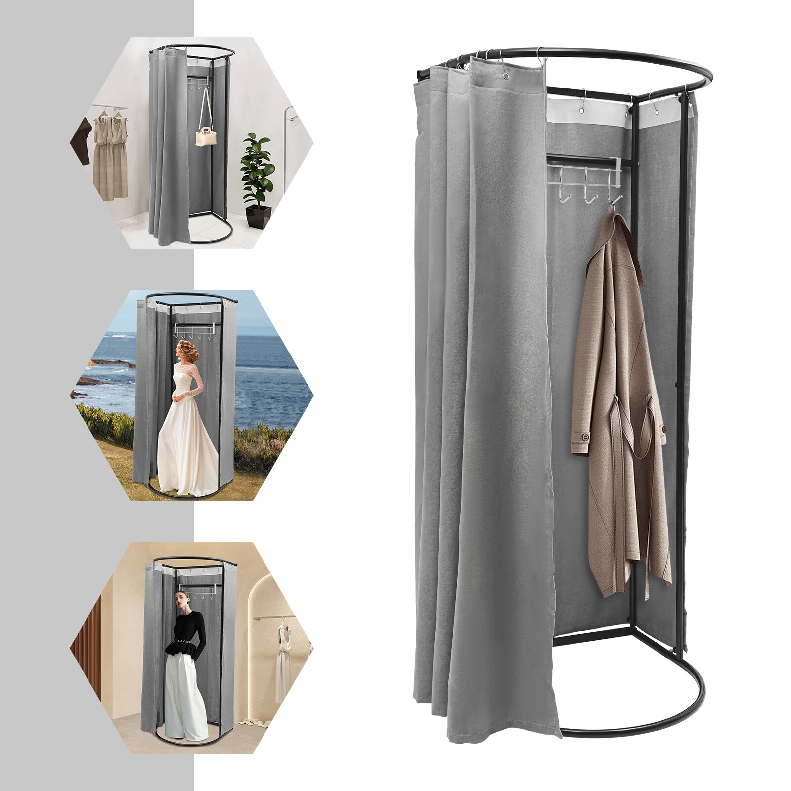 Fitting Room with Grey Shading Curtain, Portable Clothing Store Dressing Room