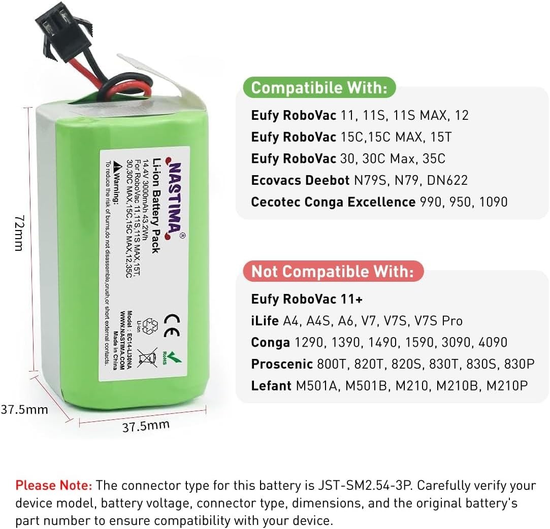 14.4V 3000mAh Replacement Battery for Eufy Robovac 11 11S MAX 15C MAX 20C 30C