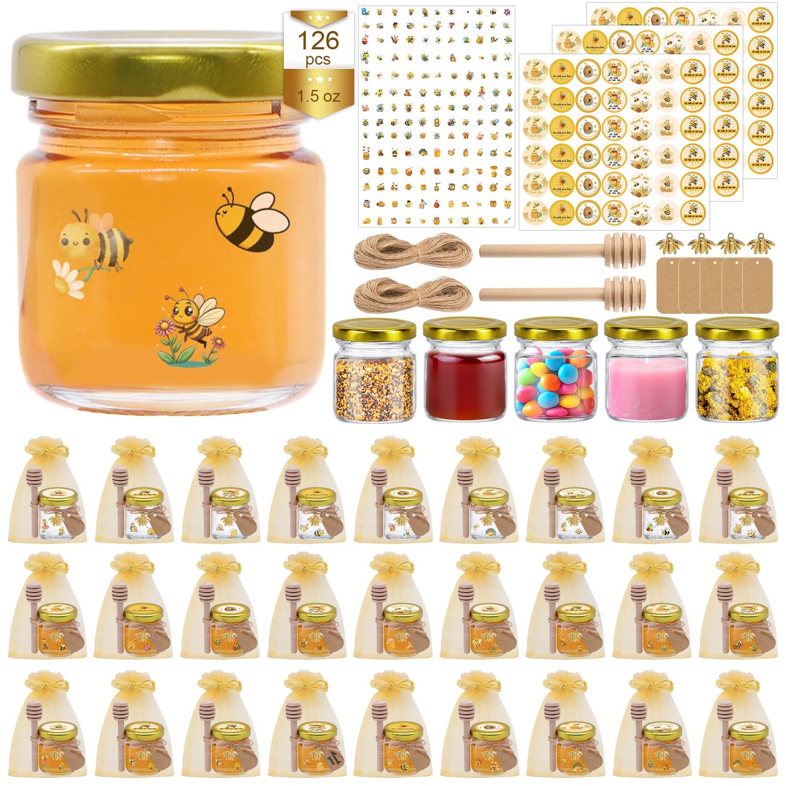 BGraceyy 126 Pcs 1.5 Oz Mini Round Glass Honey Jars Dippers, Gold Lids, Bee