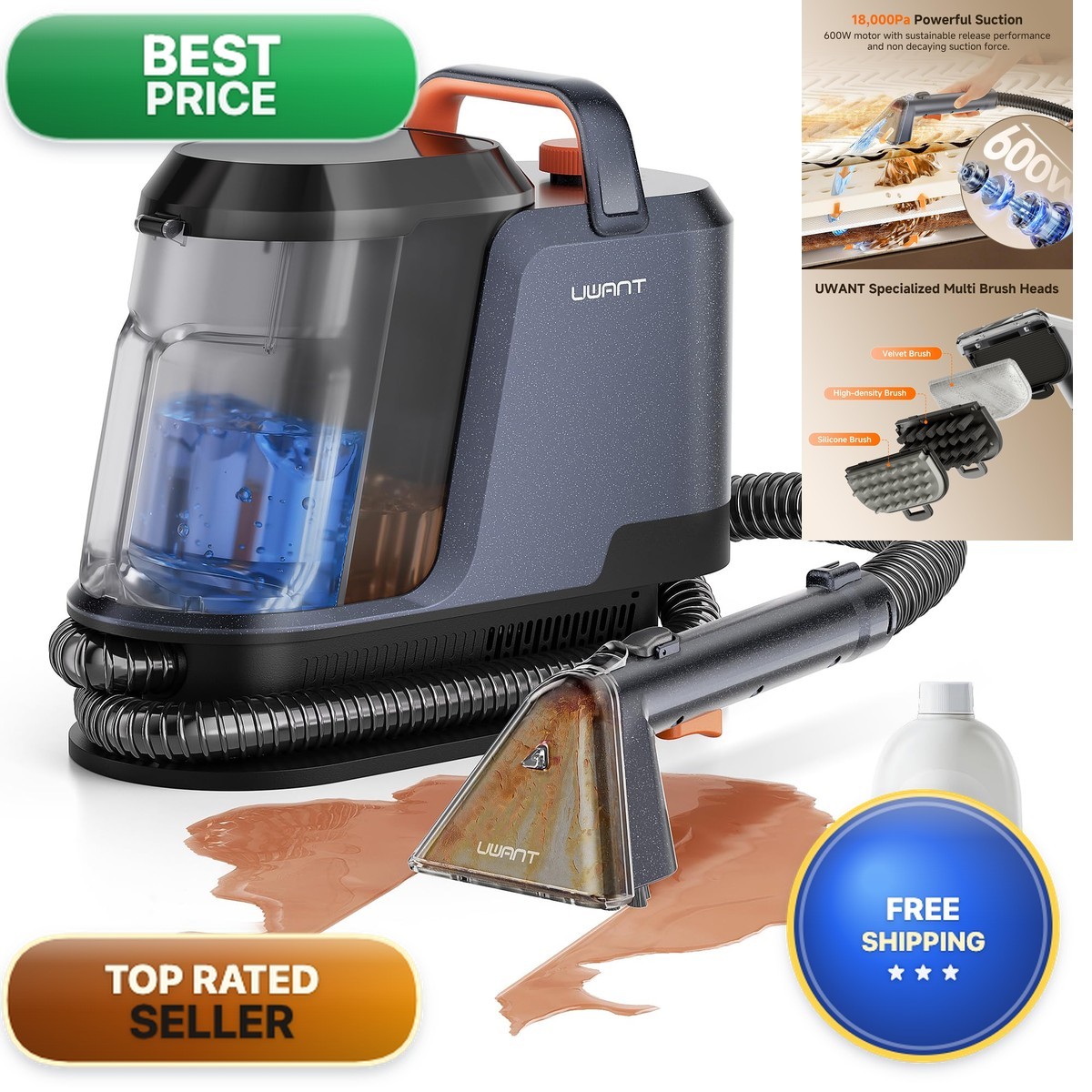 Uwant Y100 Carpet Cleaner Machine 18Kpa 2in1 Water Tank 2.4L for Cars Couch