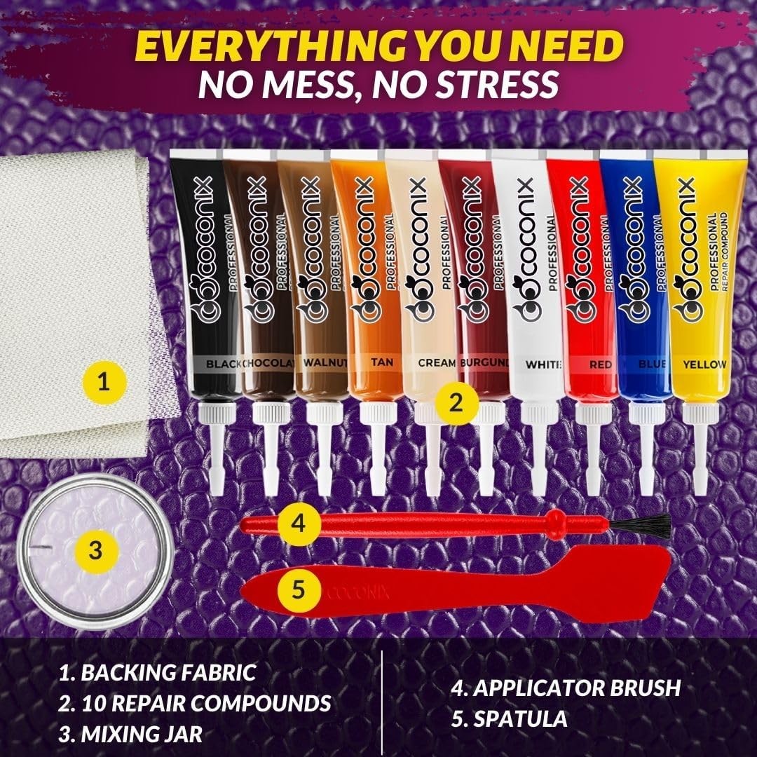 Leather & Vinyl Repair Kit, Fix Tears, Holes, Scratches and Peeling on Leather..