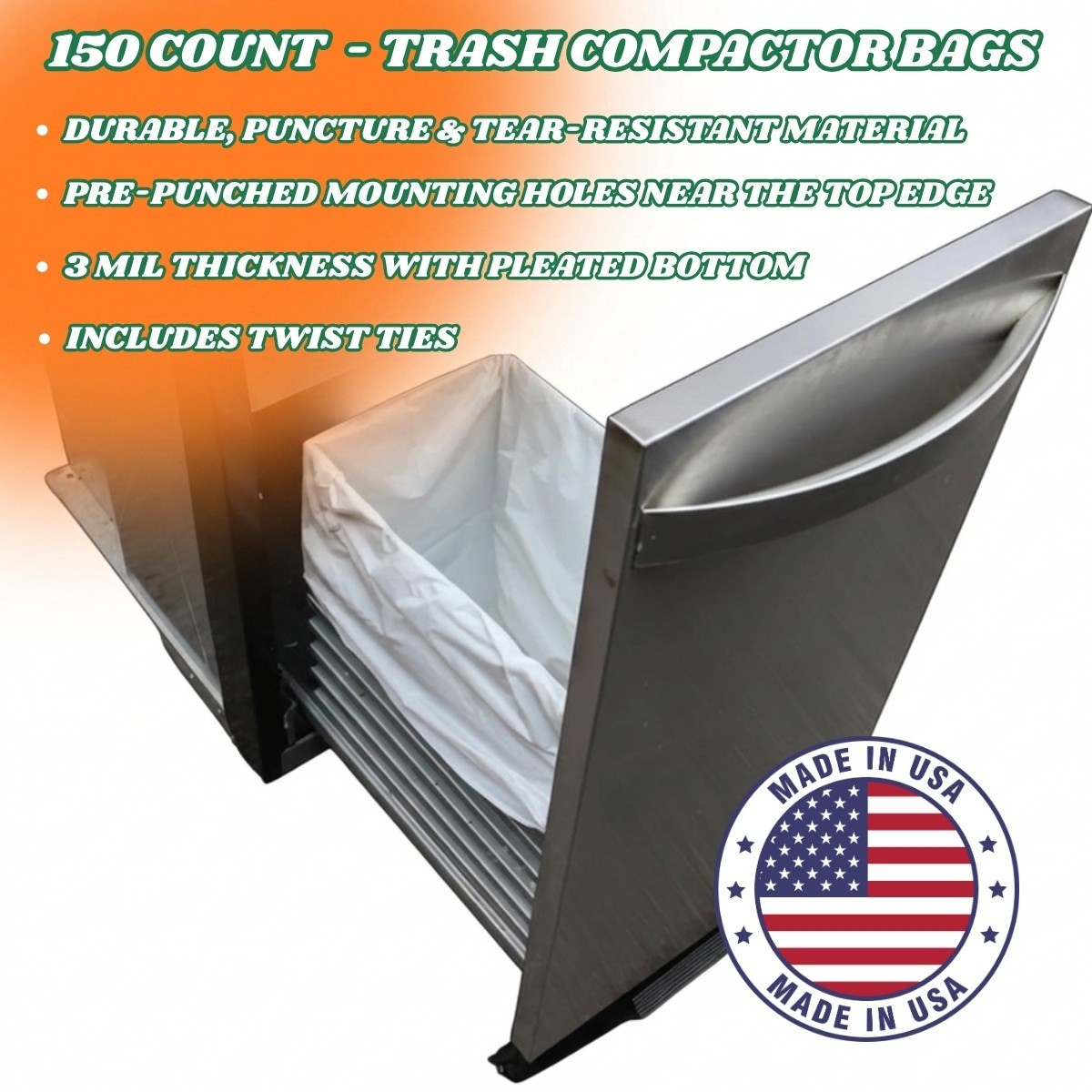 HEAVY DUTY PLASTIC 15″ RECTANGULAR TRASH COMPACTOR BAGS (150 COUNT) MADE IN USA
