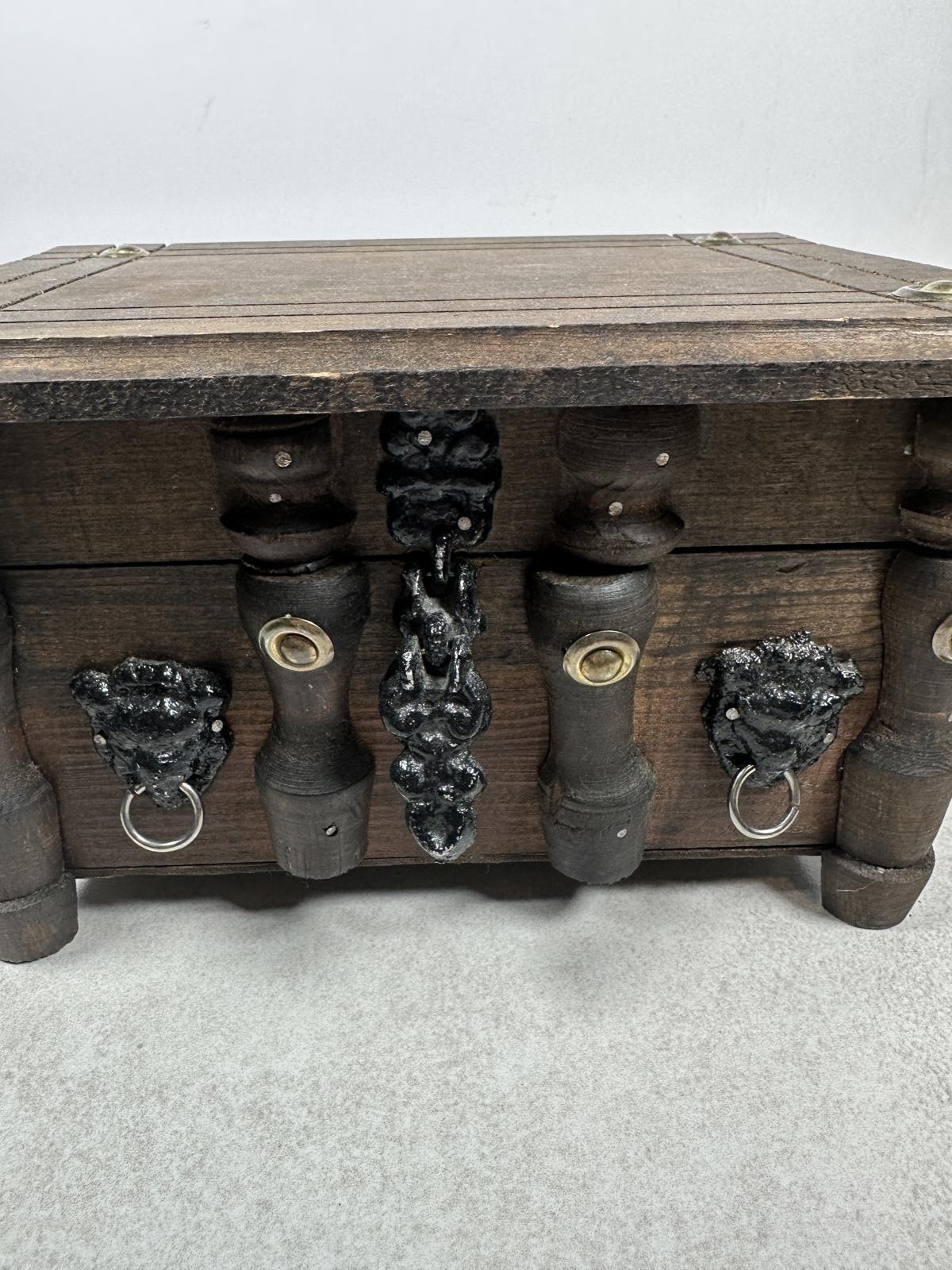 Vintage Wooden Jewelry Box With Lion Pulls Rustic Red Lined 10×7.75