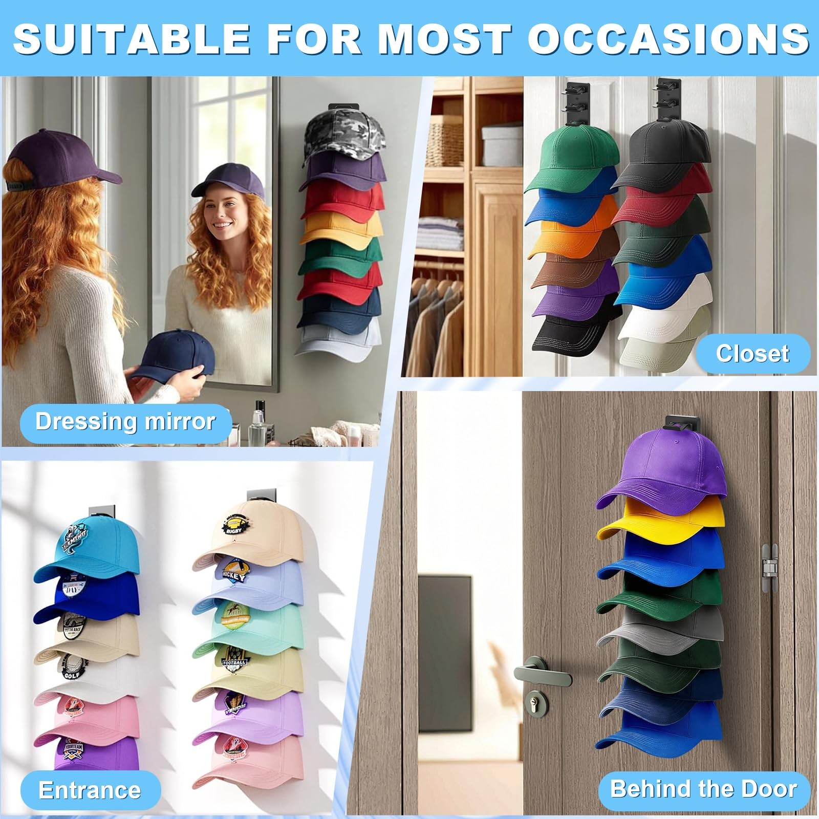 2 Wall Mounted Organizers for 16 Men’s Caps, Adhesive Coat Rack Holder