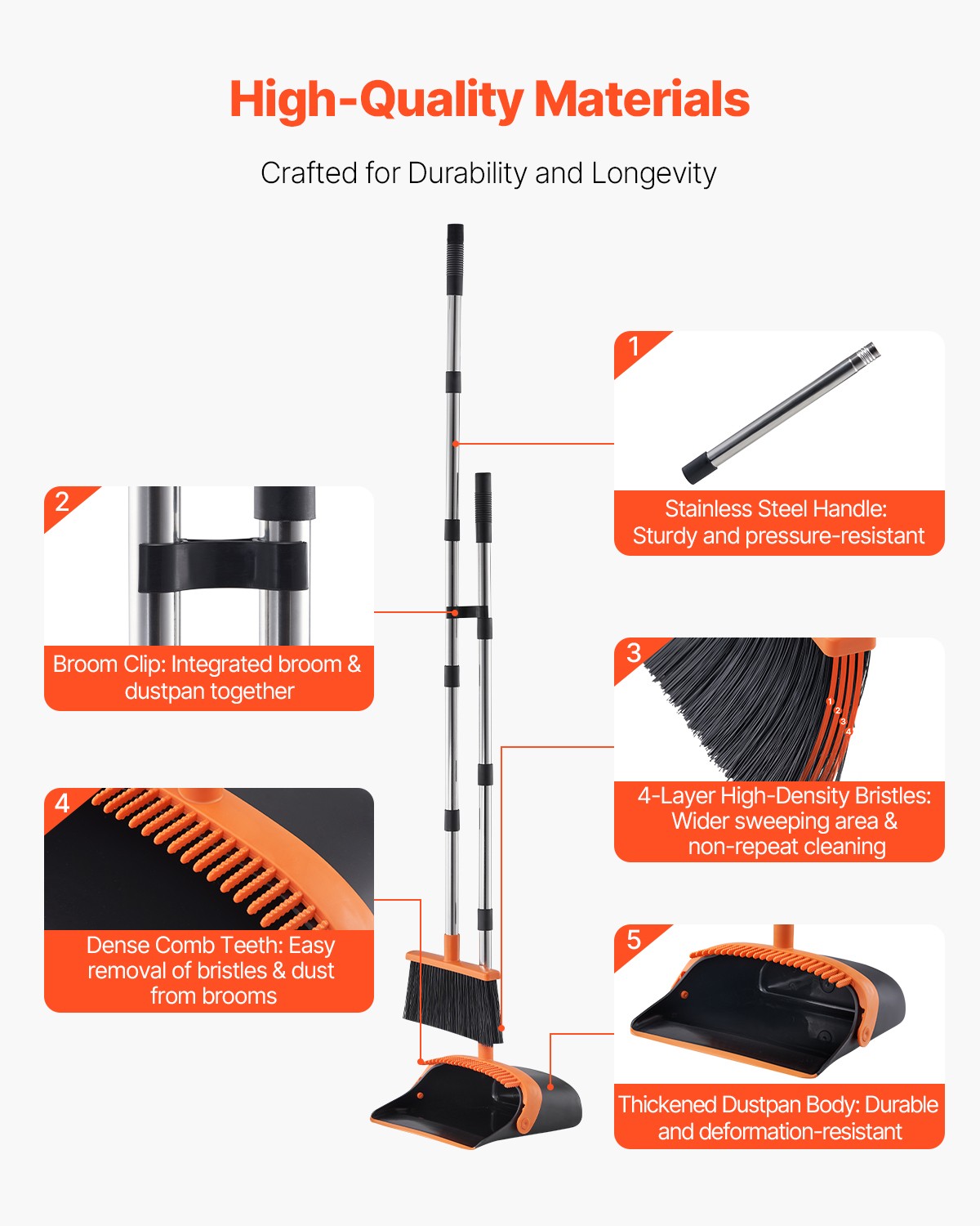 Broom and Dustpan Set with Self-Cleaning Teeth for Home Office Restaurant
