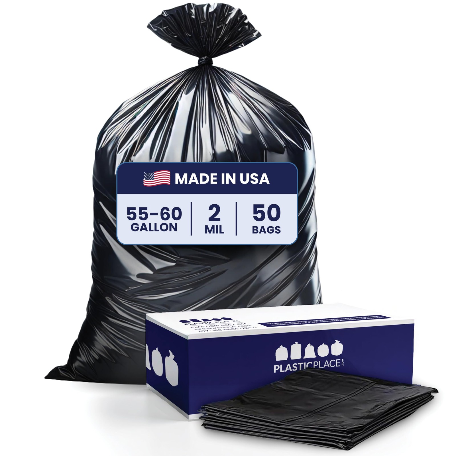 Plasticplace 55-60 Gallon Trash Bags │ 2.0 Mil │ 50 Count (Pack of 1), Black