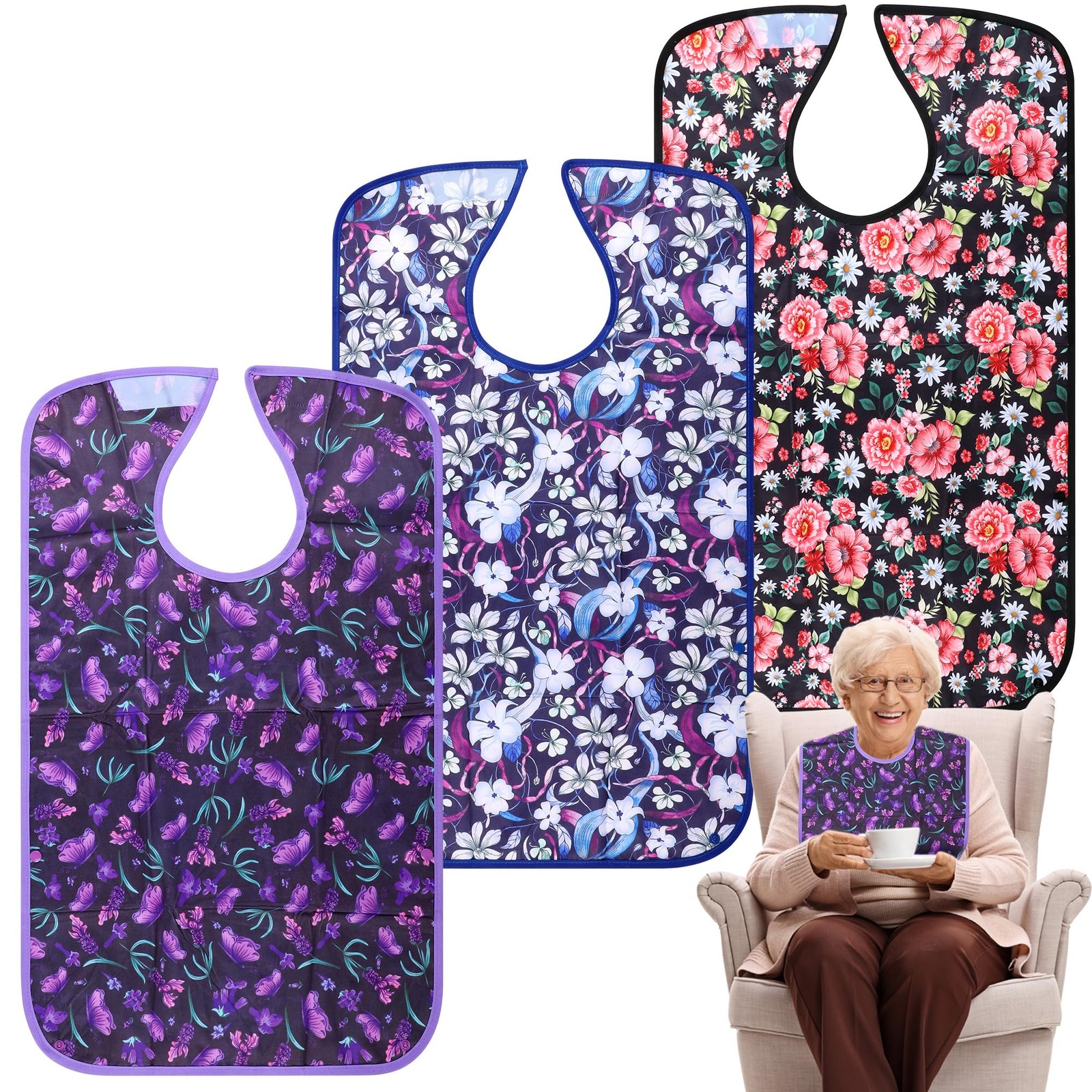 Pedobi Adult Bibs – 3 Pcs Washable Clothing Protector with Adult, Flowers