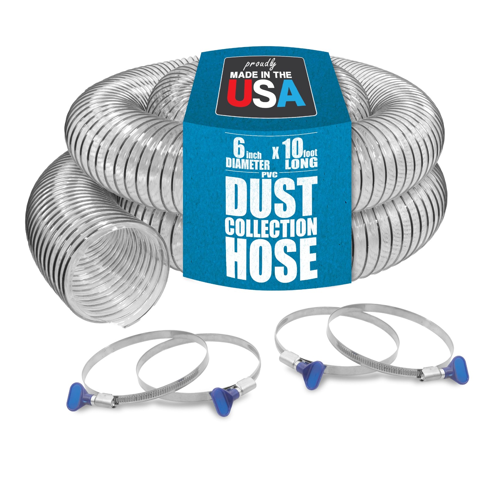 PVC Dust Collection Hose w/4 Thumbscrew Clamps, Puncture Resistant, Carbon St…
