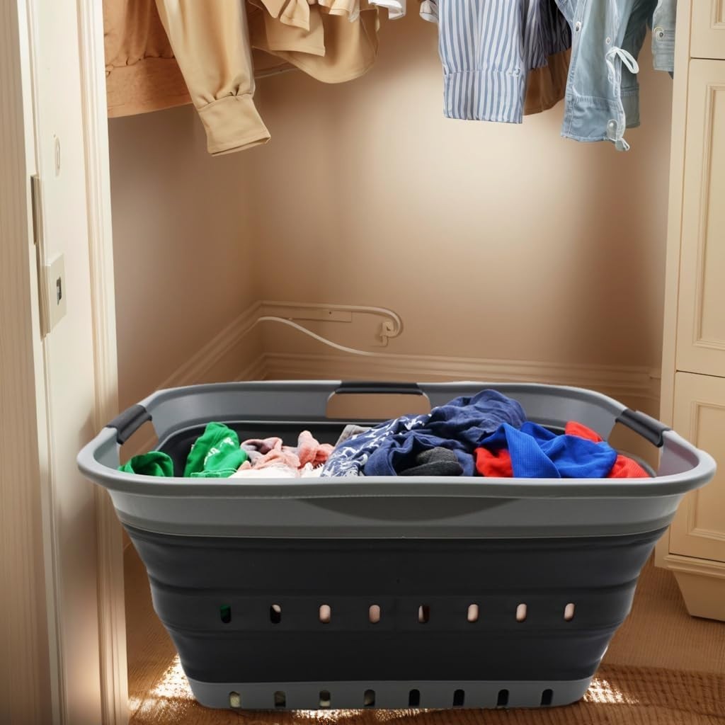42L Collapsible Laundry Basket Foldable Pop Up Storage Hamper Gray Black