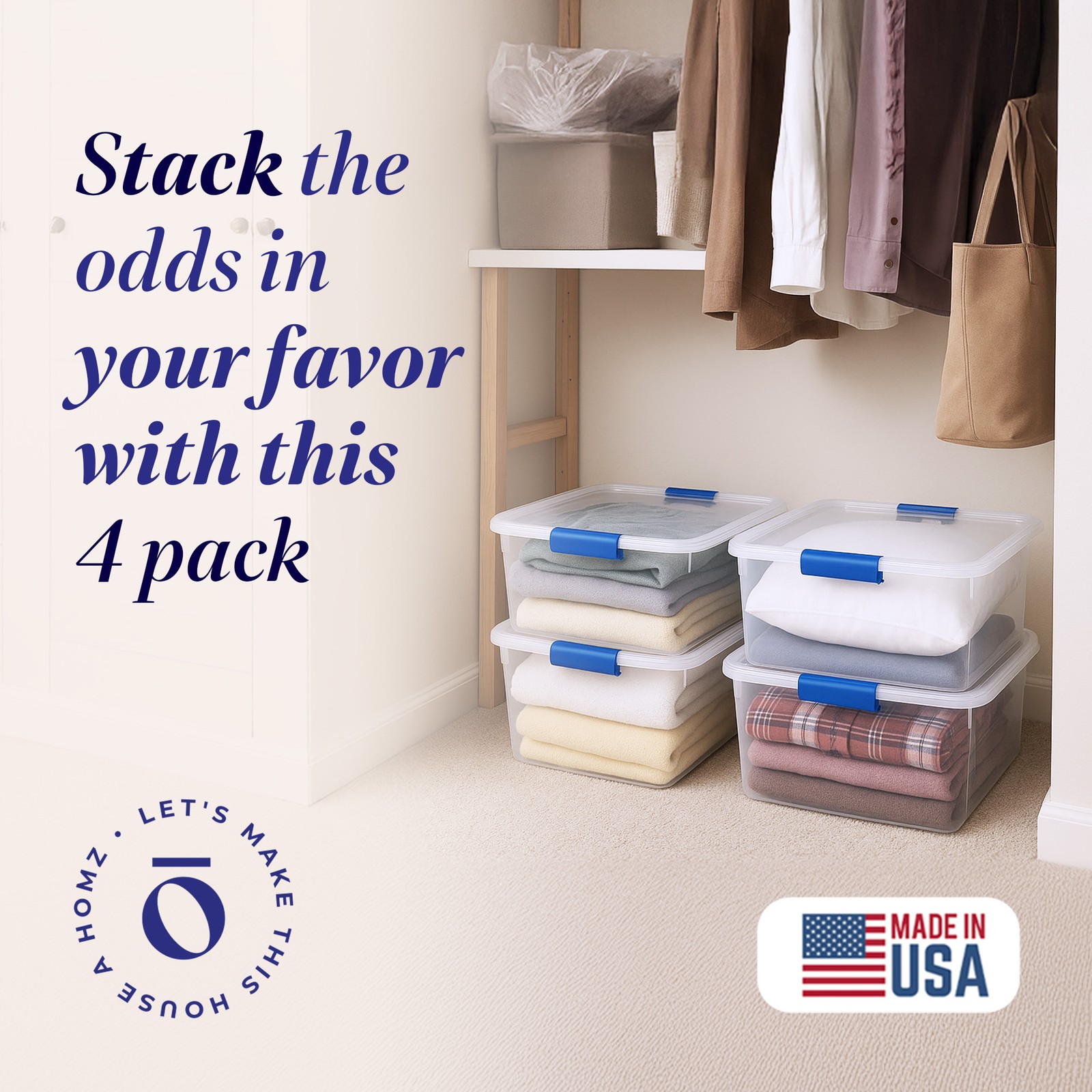 Homz 15.5 Qt Plastic Stackable Storage Container with Secure Lid, Clear (4 Pack)