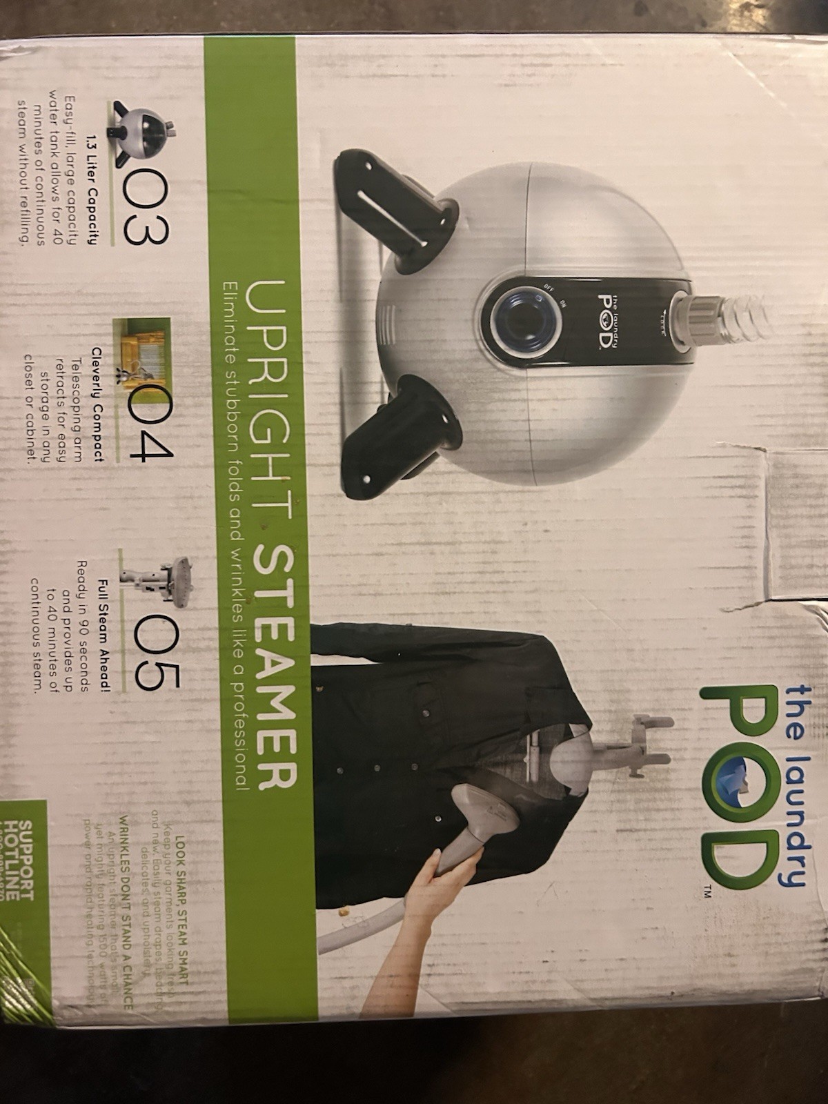 the laundry POD Upright Garment Steamer 1.3L 90s Corded Compact White/Black