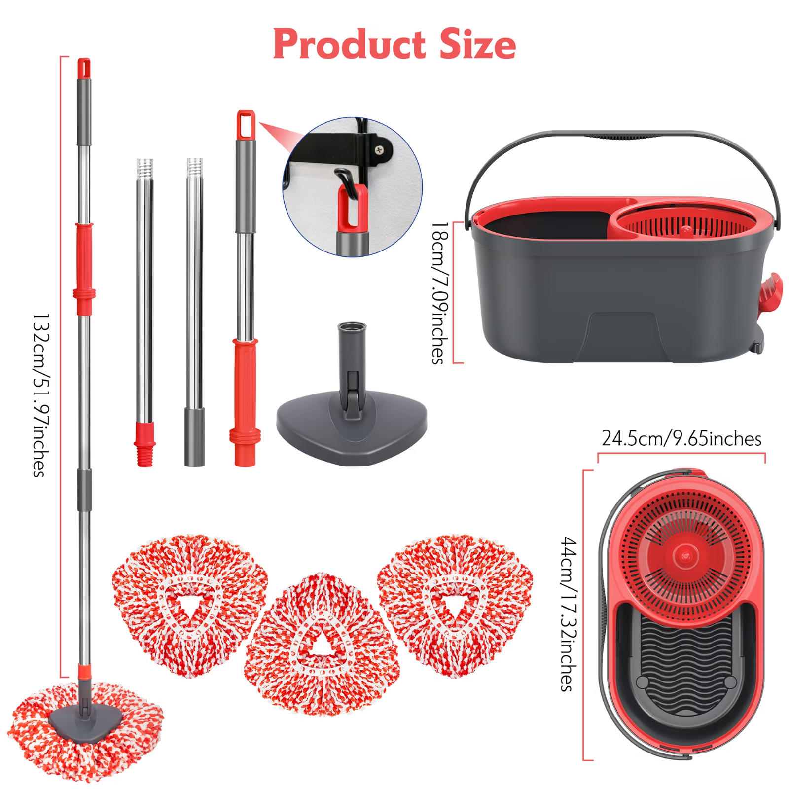 Rotating microfiber mop and bucket with foot-operated wringer.