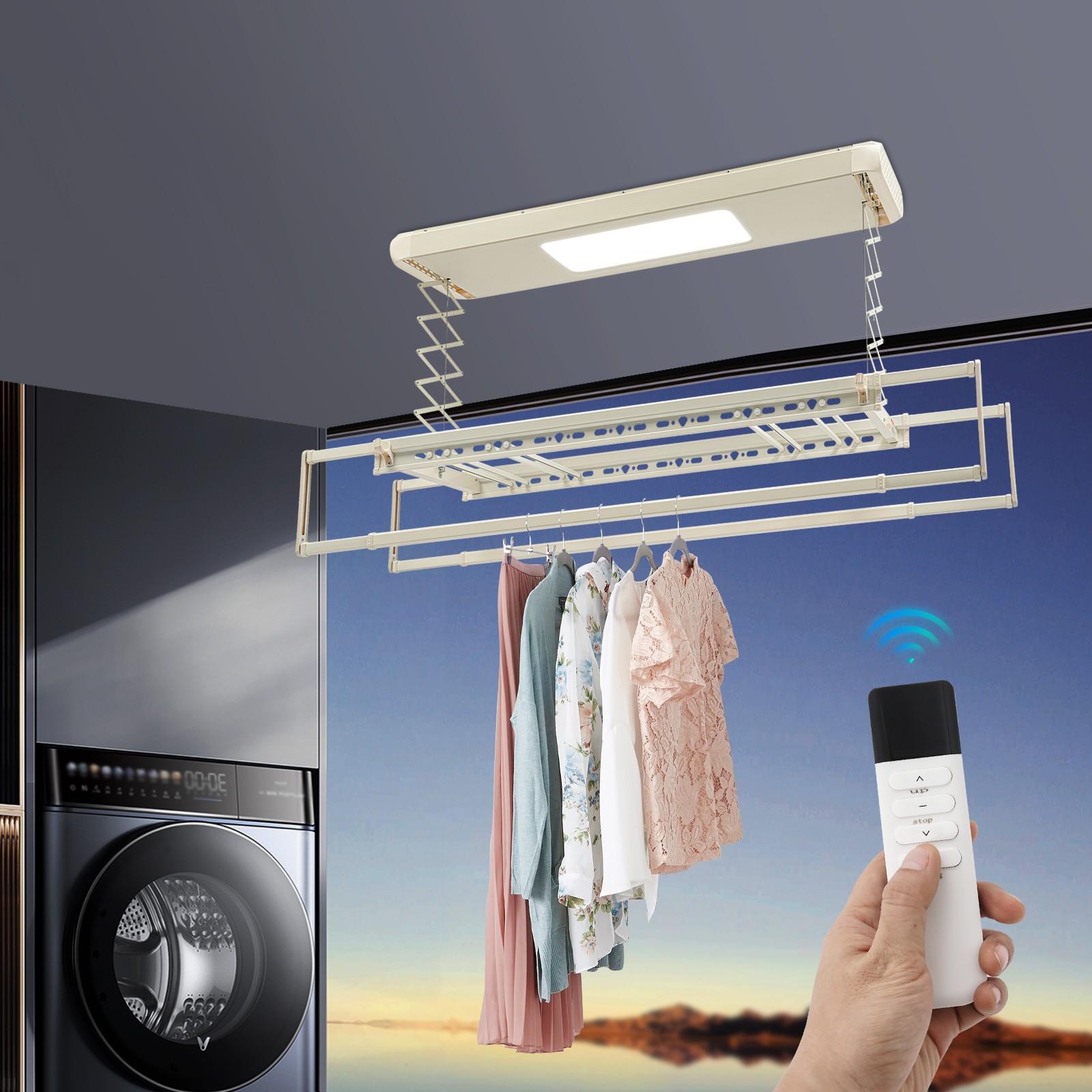 Electric Retractable Airing Rack Clothes Drying Rack W/ Remote Control & Light
