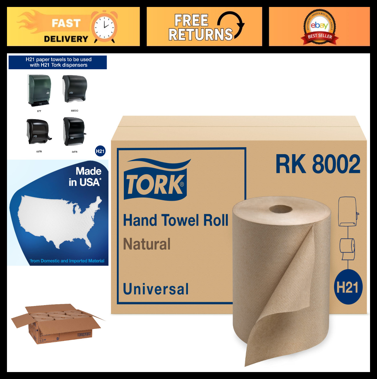 Natural Paper Hand Towel Rolls – 6 Rolls, 800 Ft Each, Absorbent & Durable