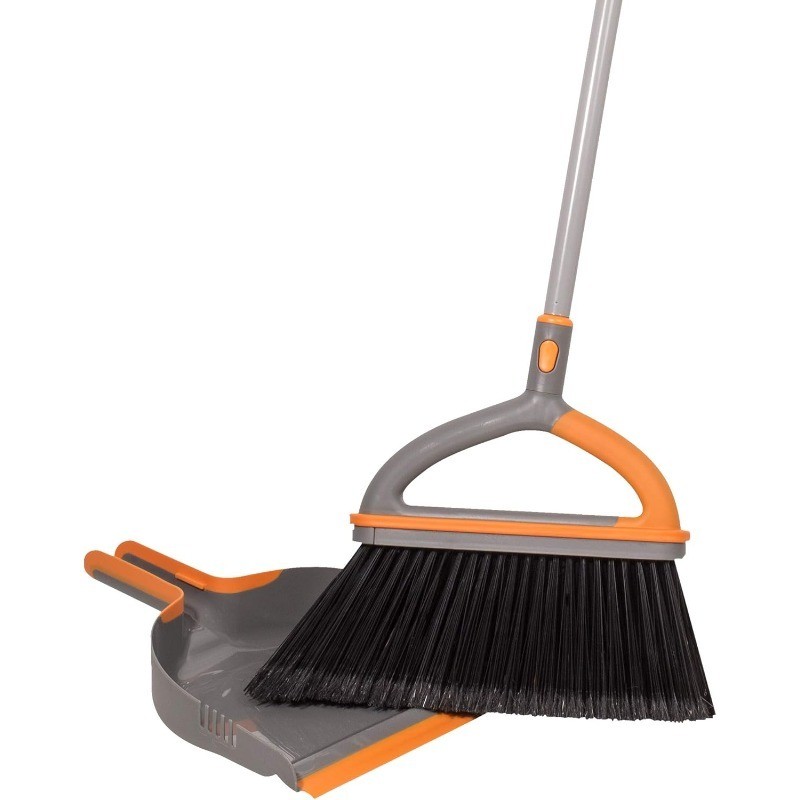 Casabella Quick ‘n Easy Upright Broom and Dustpan Set, Gray/Orange