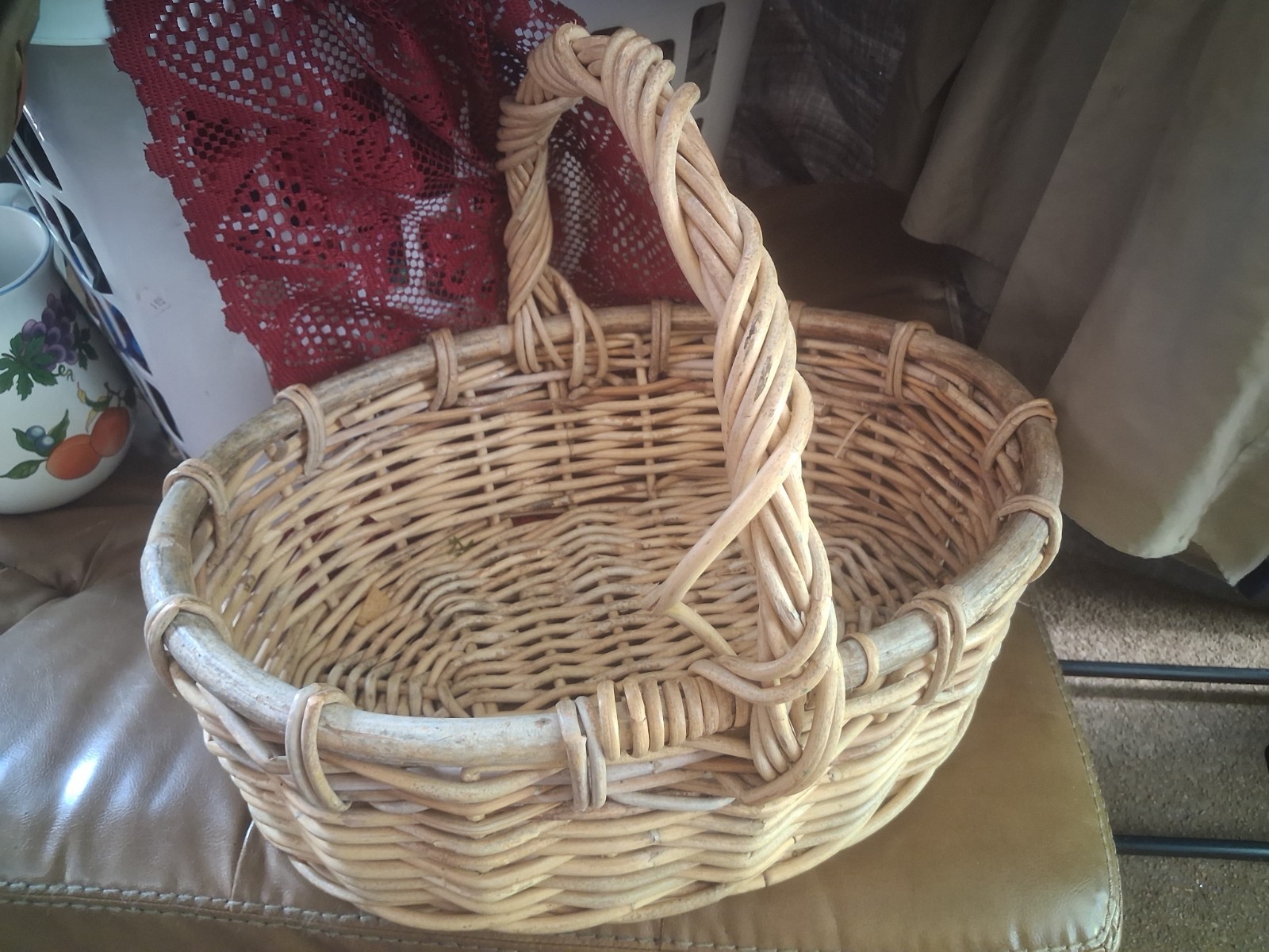 Oval Brown Wicker Woven Storage Basket w/ Handle, 12 in H 11 in L 15 cm W