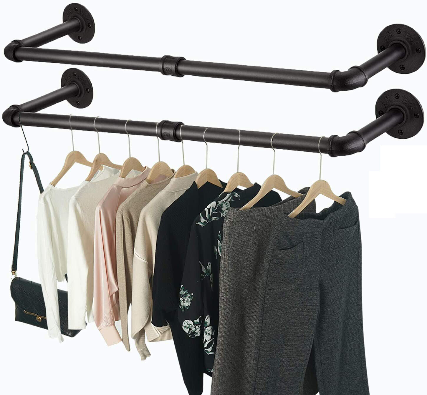 2X Wall Mounted Clothes Rack Industrial Pipe Clothes Hanging Bar Space Saving