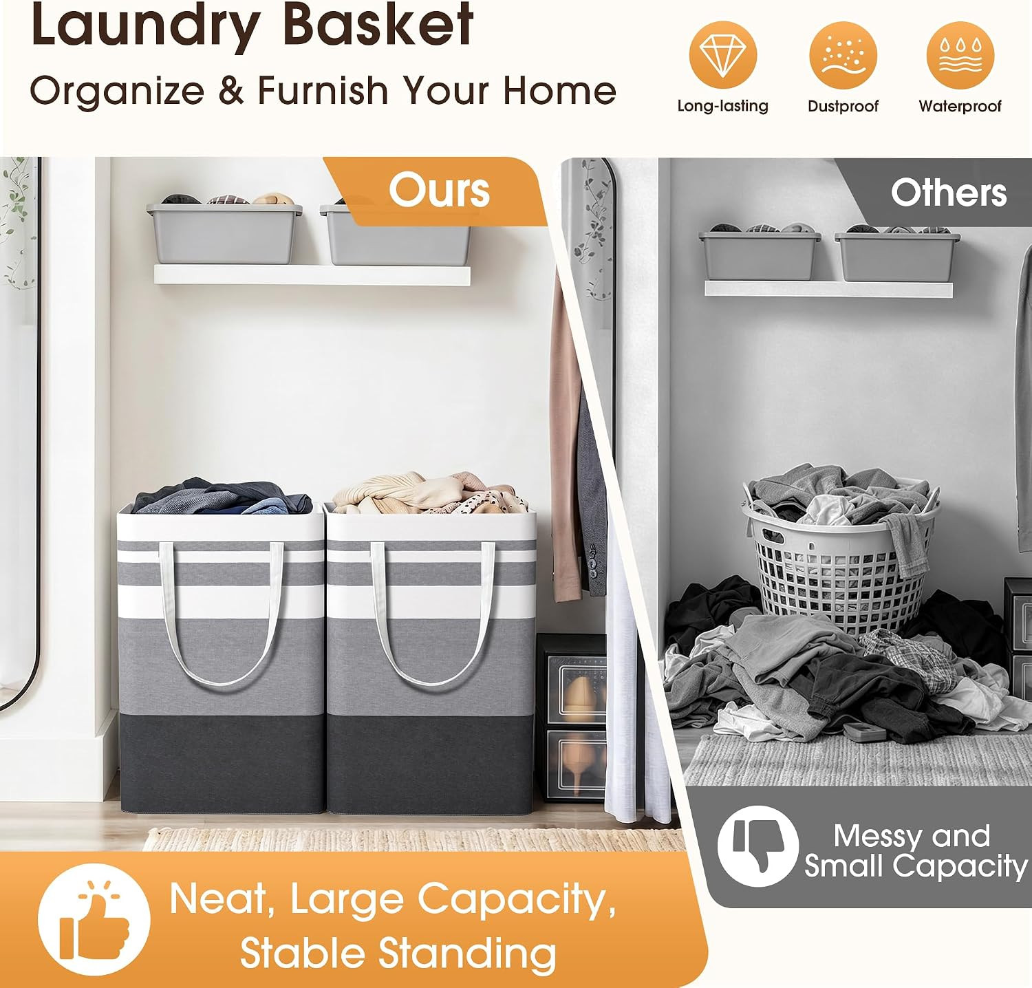 2 Pack Large Laundry Baskets, Laundry Hampers Bags (Grey 75Lx2) | Waterproof, Fr