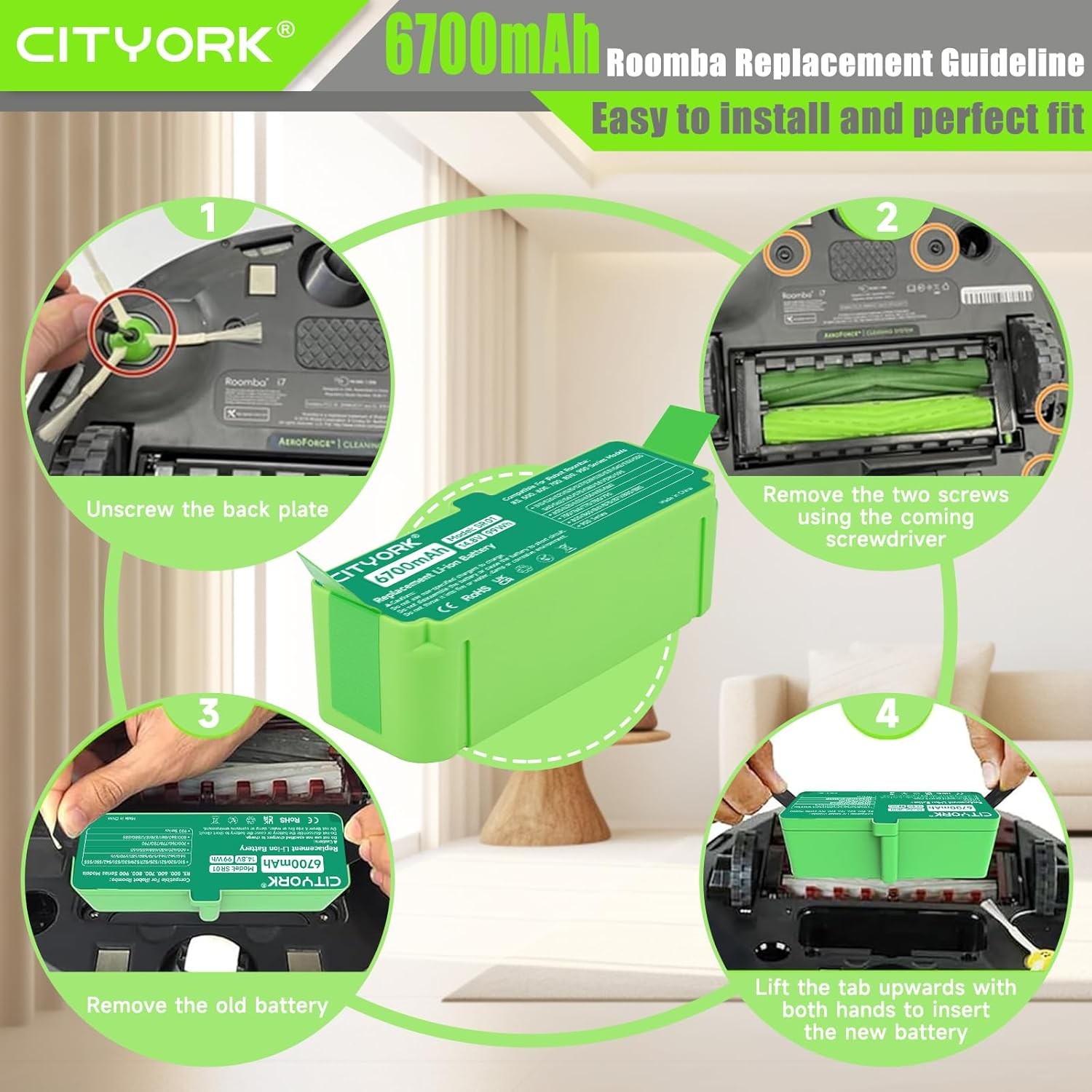 6700mAh Lithium Ion Replacement Battery for iRobot Roomba 960 980 981 970 965