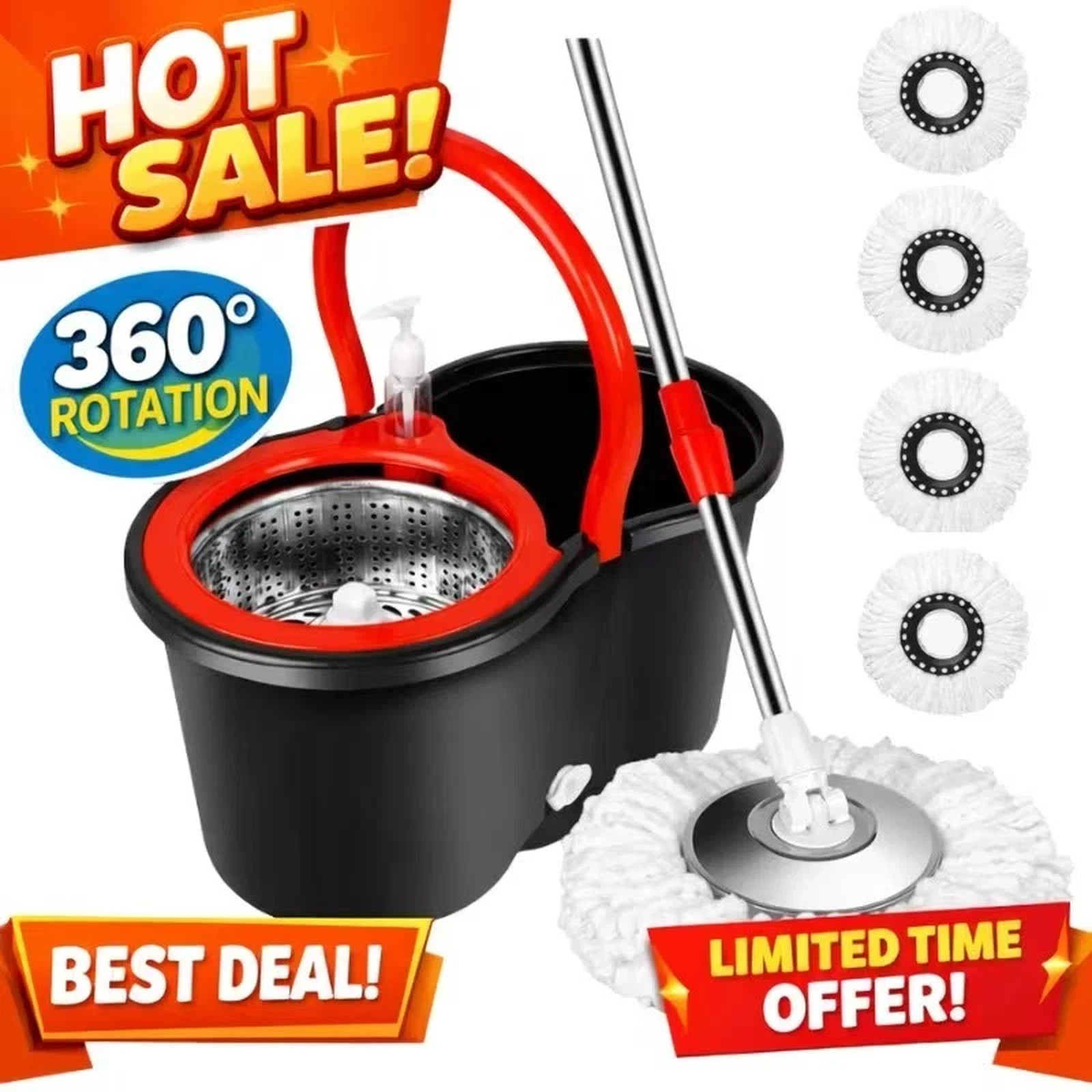 Spin Mop and Bucket with Wringer Set, 360° Spinning Mop System 4 Mop Refill