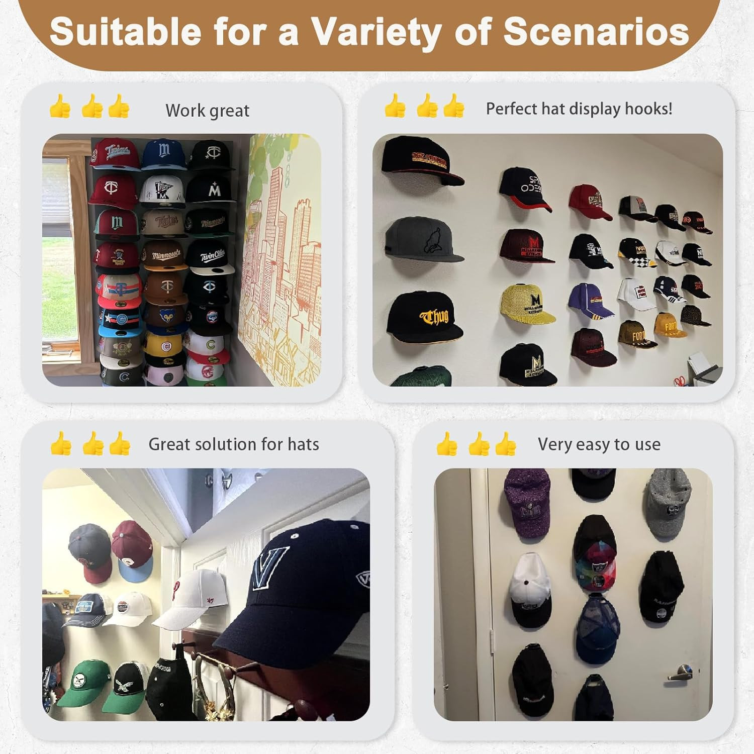 22 Pack Adhesive Hat Hooks for Wall, Super Strong Rack Baseball Black