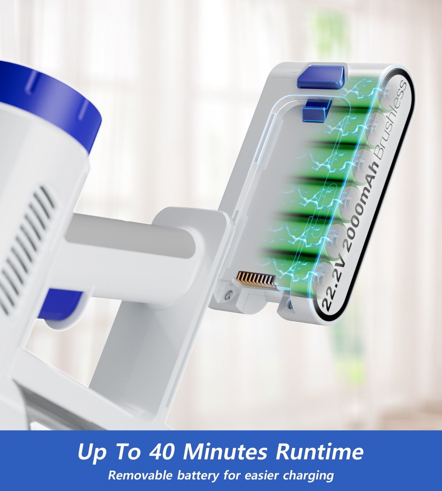Cordless Vacuum Cleaner 65Kpa Suction Rechargeable 60min 1.5L Stick Lightweight