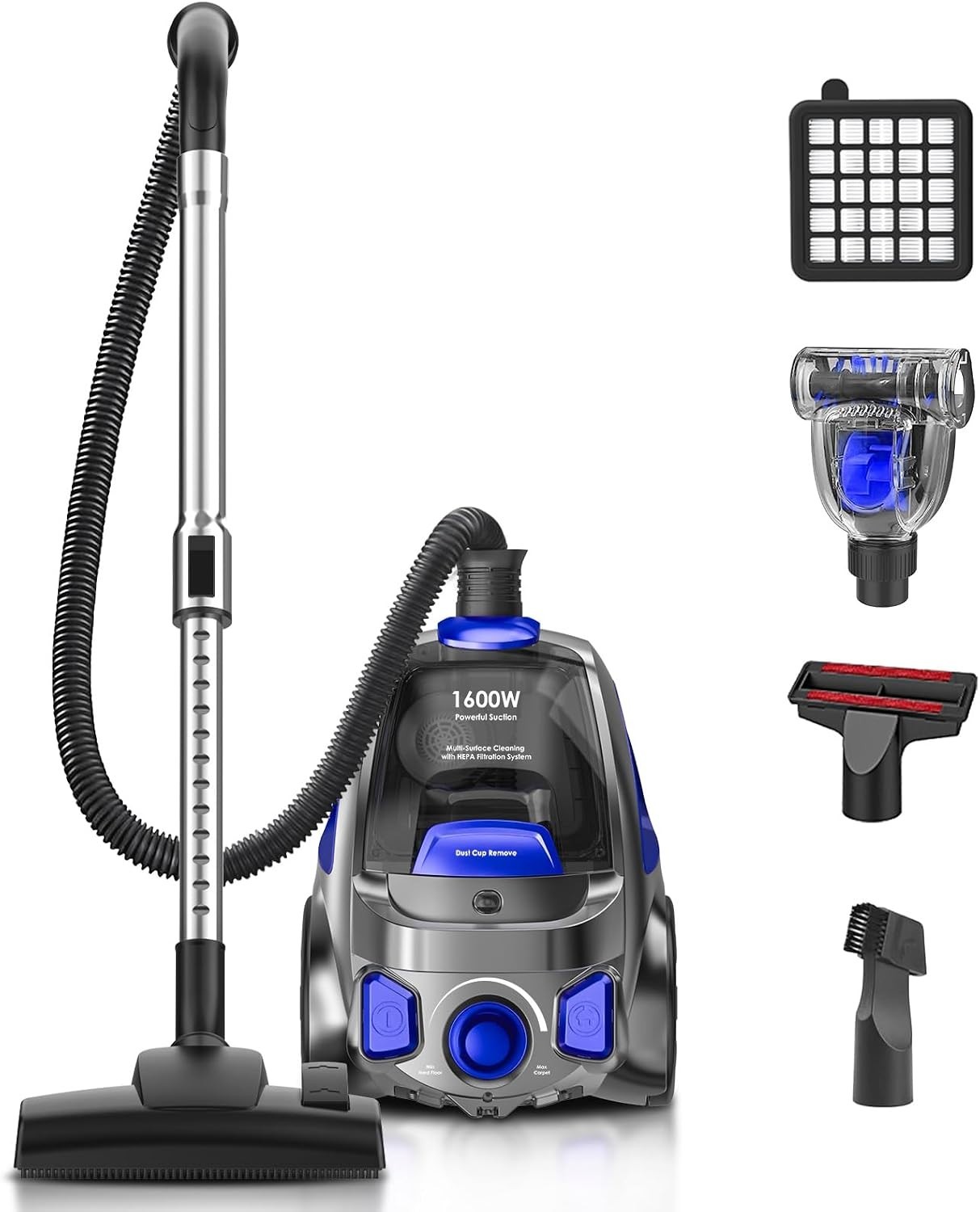 Canister Vacuum Cleaner, 40Kpa 1600W Cyclon Power Bagless Canister Vacuum Cle…