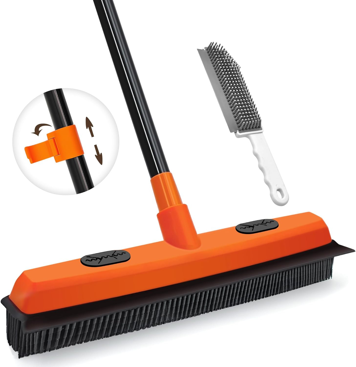 Rubber Broom Carpet Rake for Pet Hair Remover, Fur Removal with Squeegee, Portab