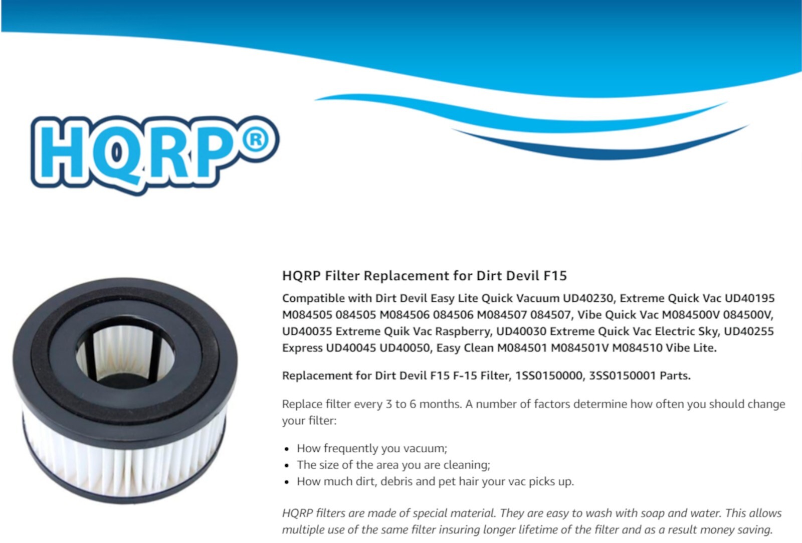 4x HQRP Washable and Reusable Filters for Dirt Devil F15 / F-15 Replacement
