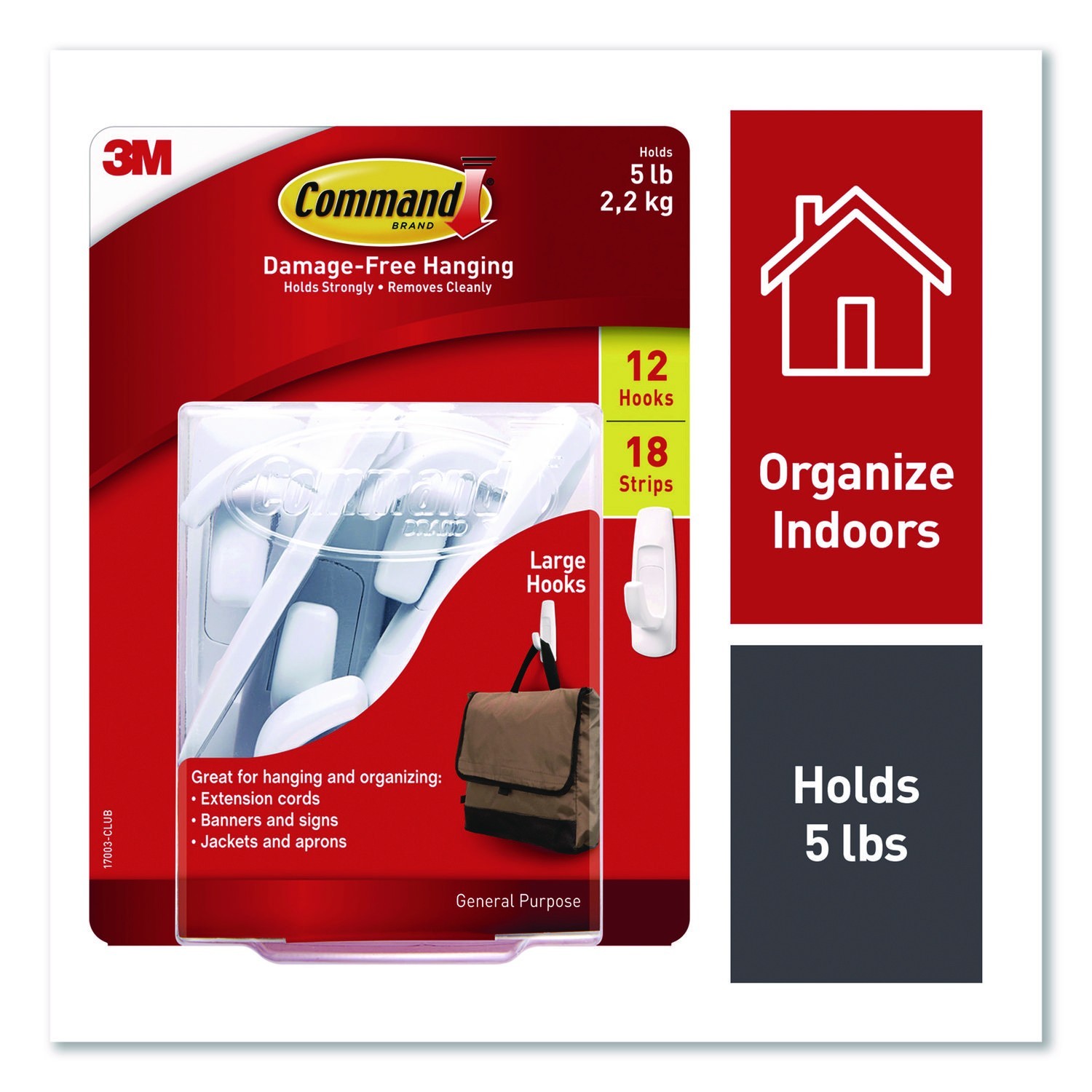 3M Command Damage-Free Hanging 12 Large Utility Hooks with 18 Large Strips 5lb