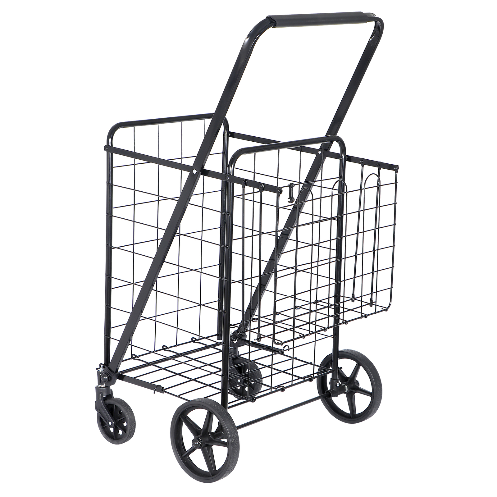Folding Shopping Cart Rolling Trolley Utility 2 Basket W/Wheel for Laundry Black