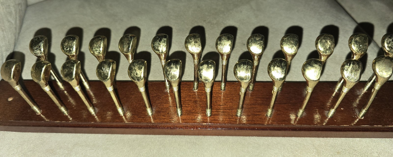 Vintage Mens Golf Club Tie Rack holder 24 brass pegs wood wall mounted