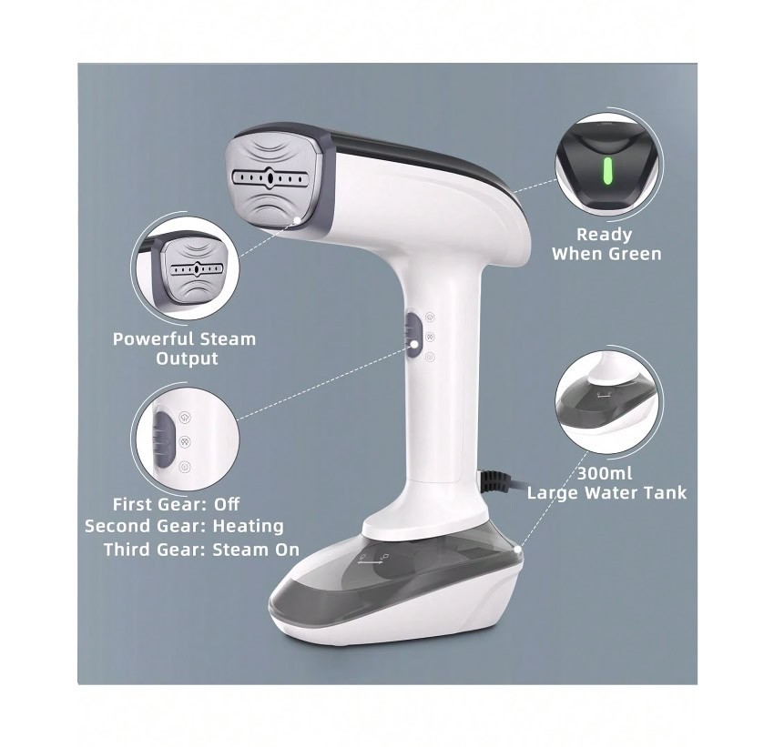 1300W Handheld Garment Steamer 300ml 2 in 1 Steam Iron 120V Clothes