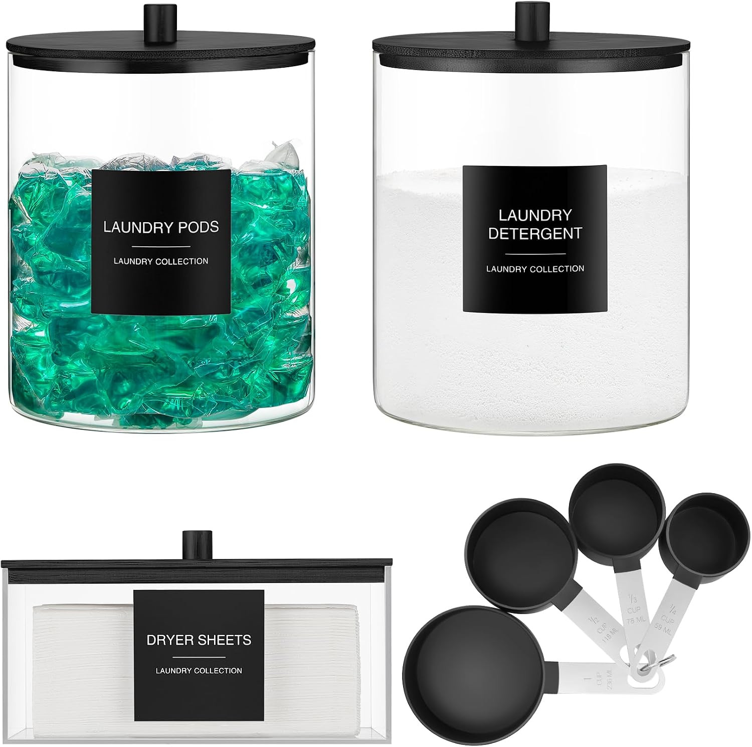 3 Pack Glass Jars and Acrylic Dryer Sheet Holder, Laundry Pods Container with Ba