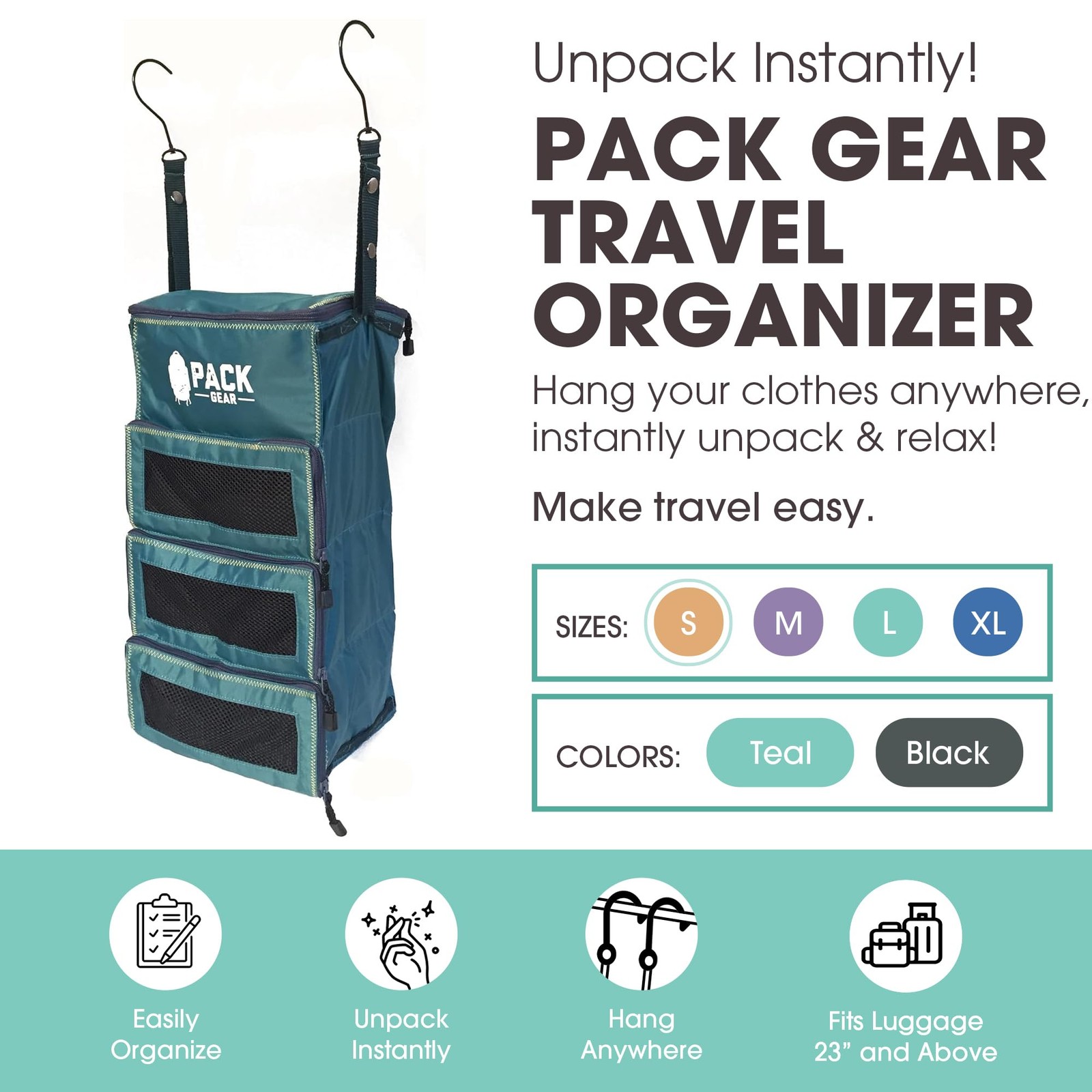Hanging Luggage Organizer 9.75″ X 7.75″ X 19″ – Mesh Windows for Easy Packing