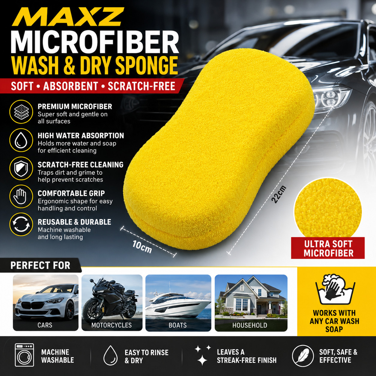 Microfiber Car Wash Sponge Soft Absorbent Cleaning Pad 10x22cm