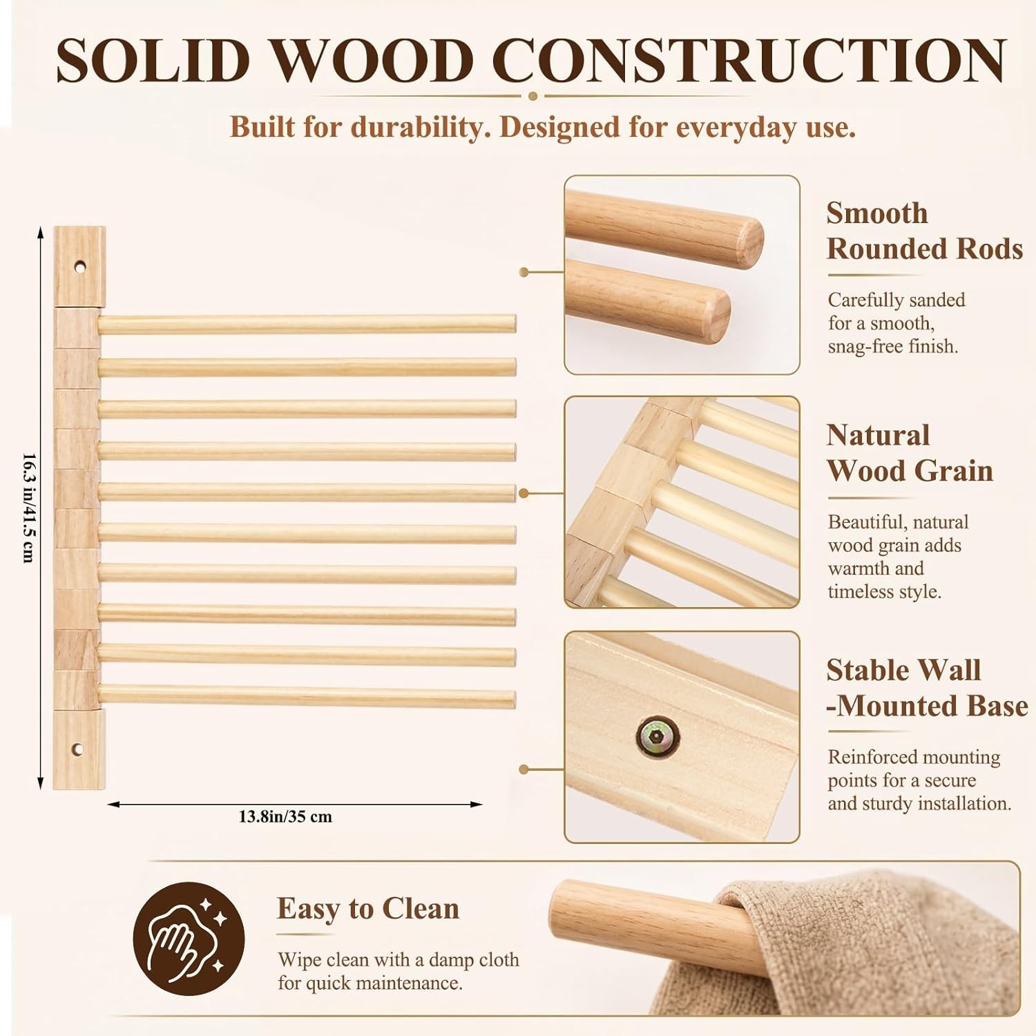 Wall Mounted Wooden Trouser Rack 10-Rod 13.8In Wooden Poles Hanging Organizer