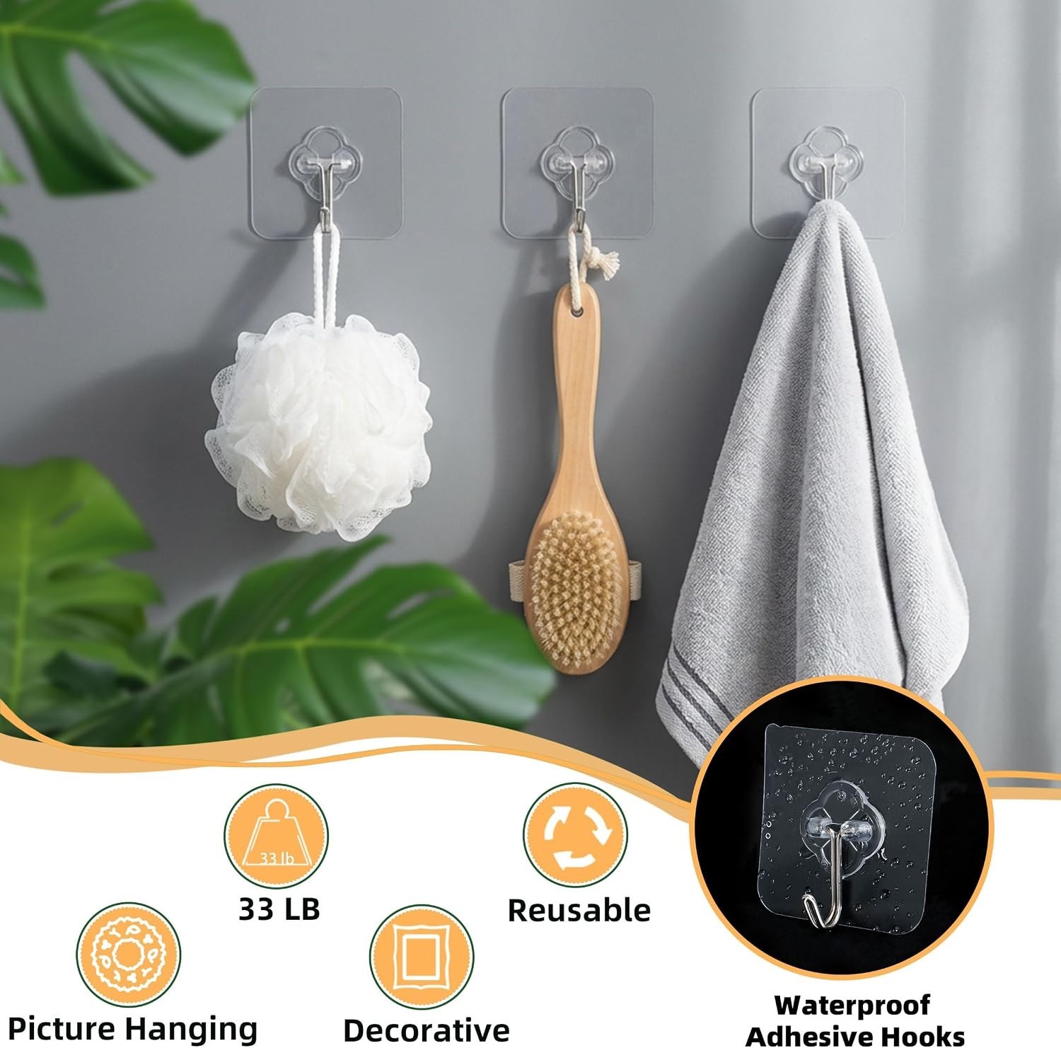 50 Pack Heavy Duty Waterproof Adhesive Wall Hooks – Rustproof, Clear Design