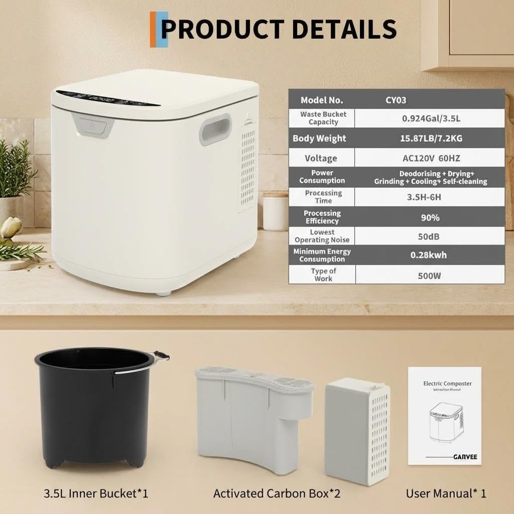 3.5L Electric Countertop Compost Bin, Food Cycler with Auto-Clean 3.5L, White