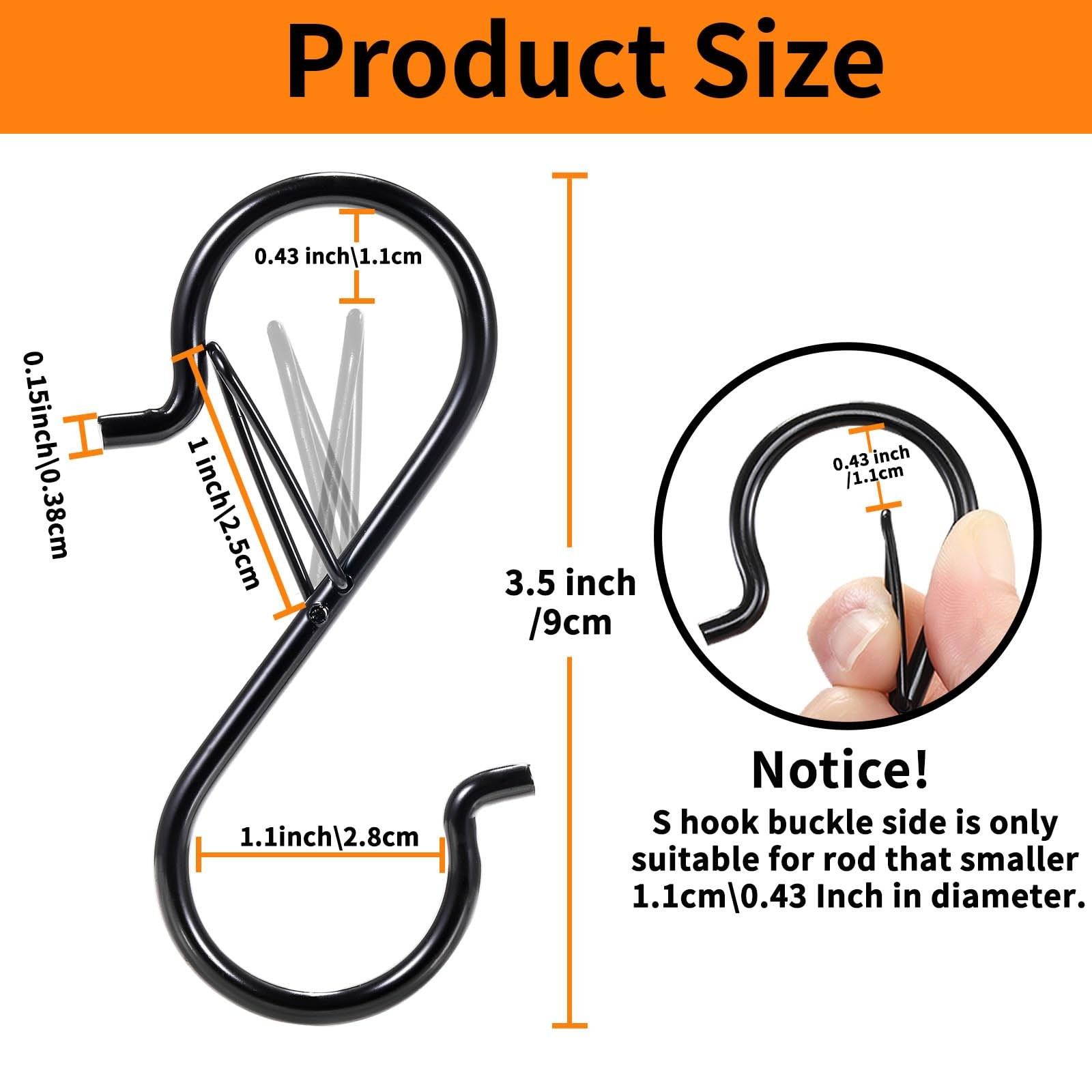24 PCS S Hooks for Hanging with Safety Buckle, Heavy 3.5 Inch 24 Pcs, Black