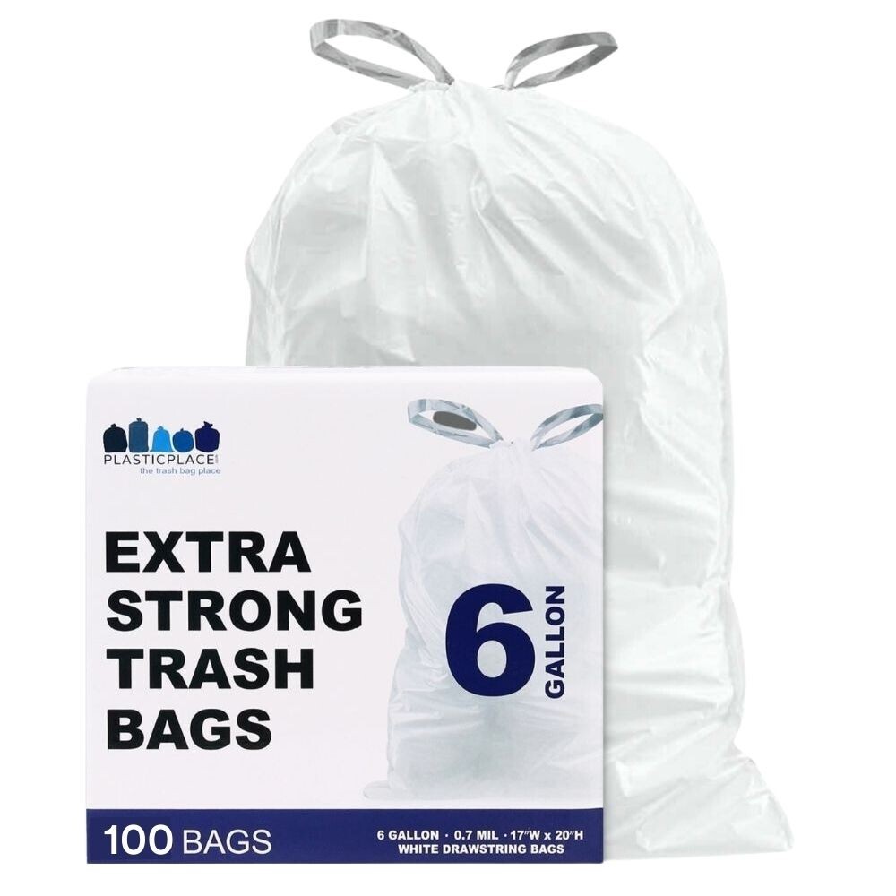 Plasticplace 6 Gallon Drawstring Bags – White, case of 100 bags