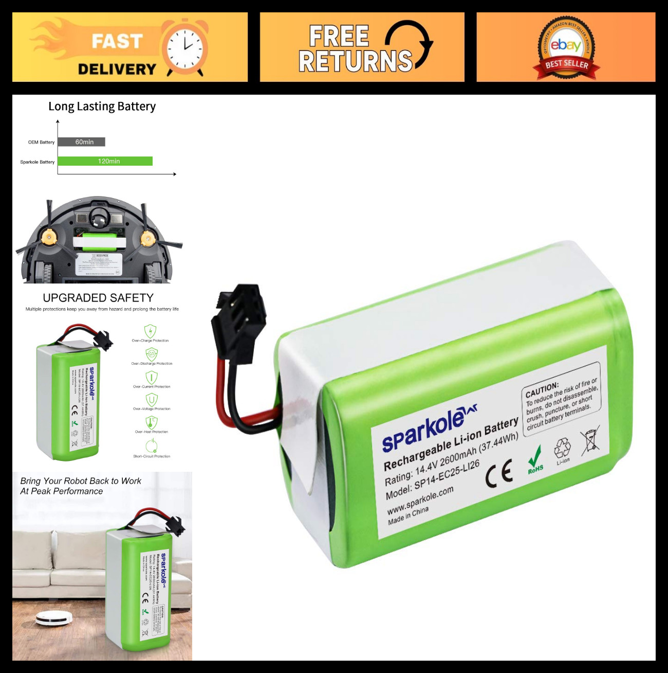 14.4V 2600mAh Replacement Battery for Ecovacs & Eufy Robovac Models – High Capac