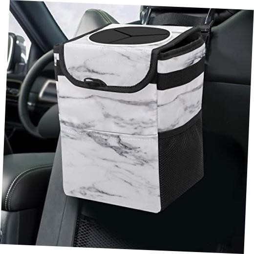 Black and White Marble Car Trash Can with Lid Collapsible Reusable Waterproof