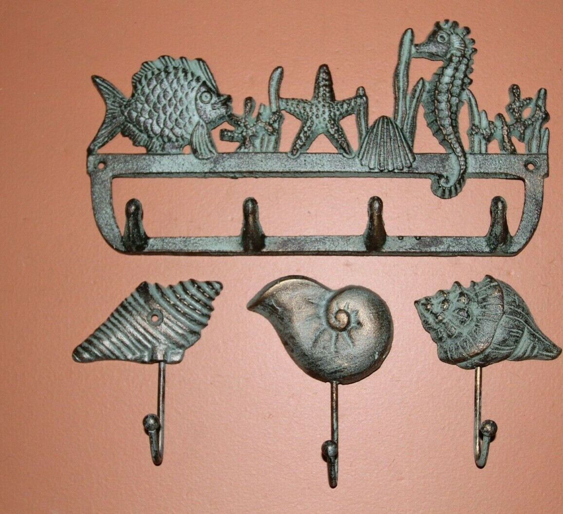 Bronze Look Ocean Theme Wall Hooks, Cast Iron, Nautical Escape 4 pcs