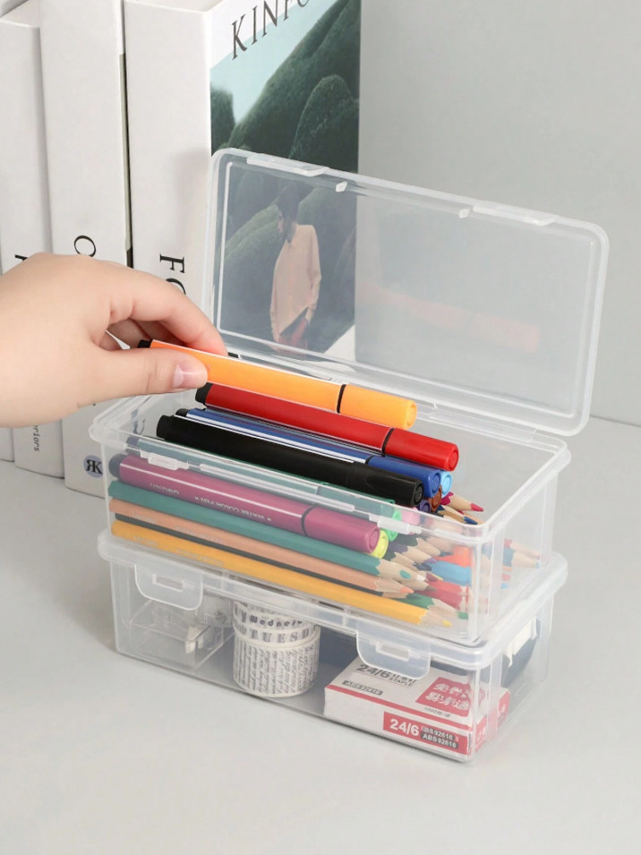 1 pc Transparent Large Capacity Plastic Pencil Case for Pens & Crayons Storage